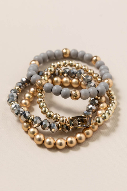 Grey Wood Crystal Beaded Set of 4 Bracelets