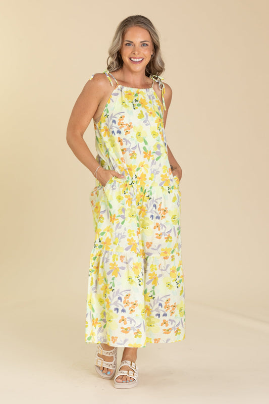 Yellow Floral Print Tiered Maxi Dress