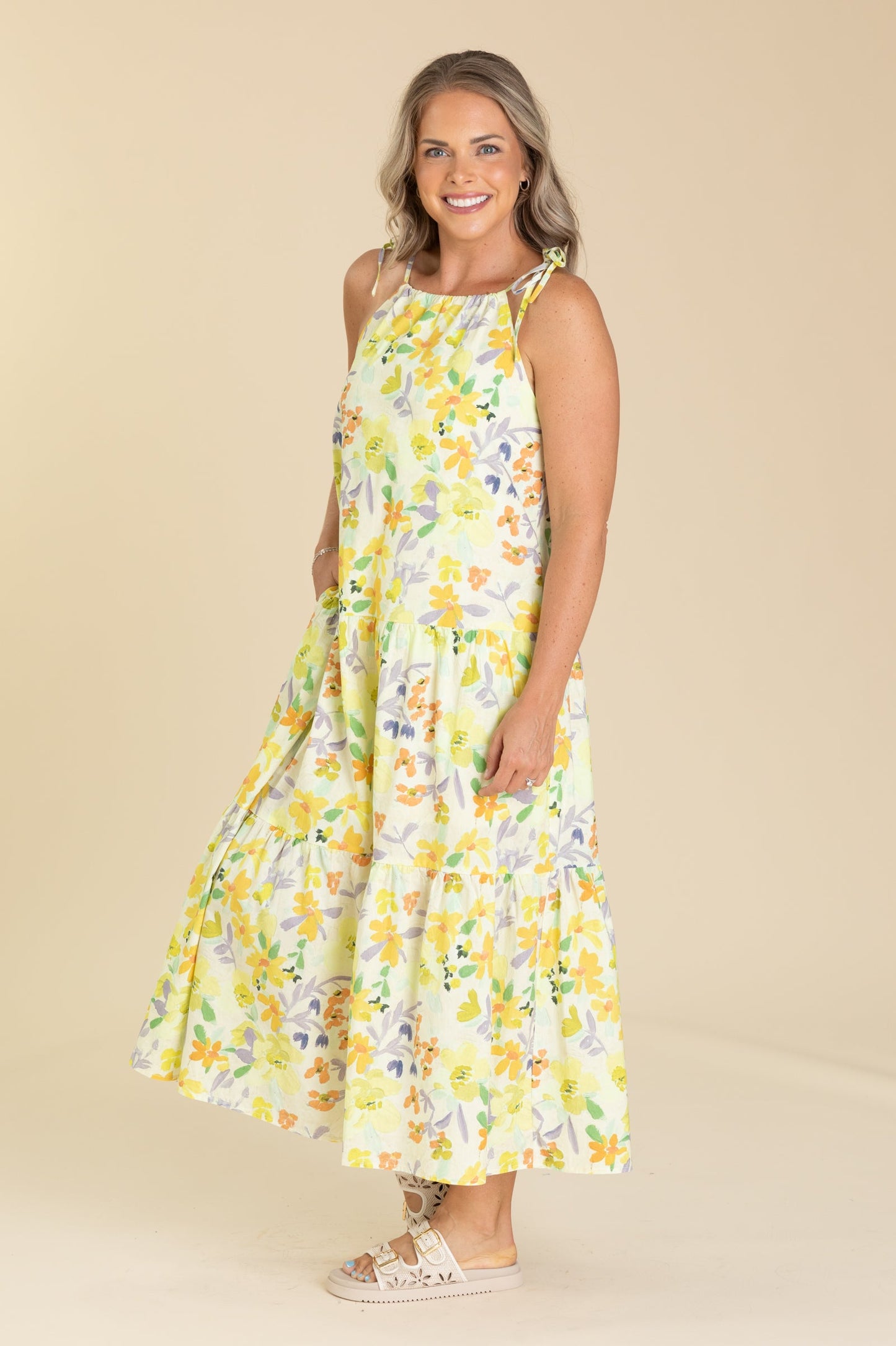 Yellow Floral Print Tiered Maxi Dress