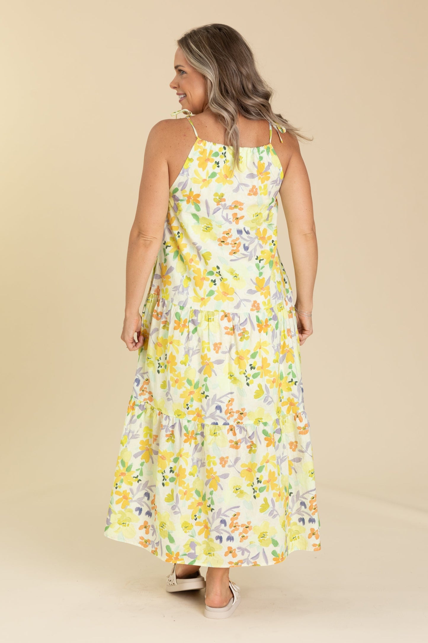Yellow Floral Print Tiered Maxi Dress