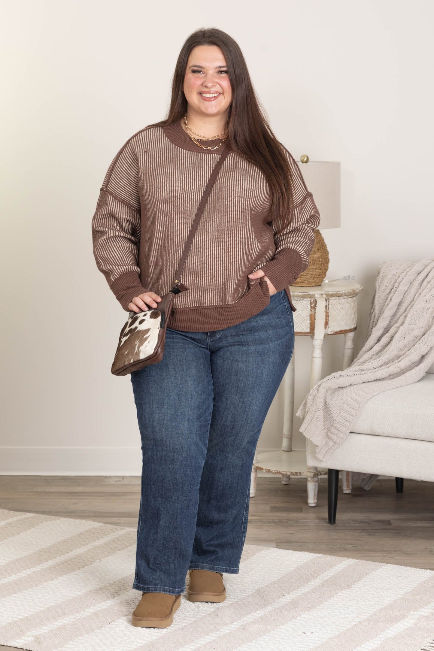 Brown Exposed Seam Two Tone Sweater