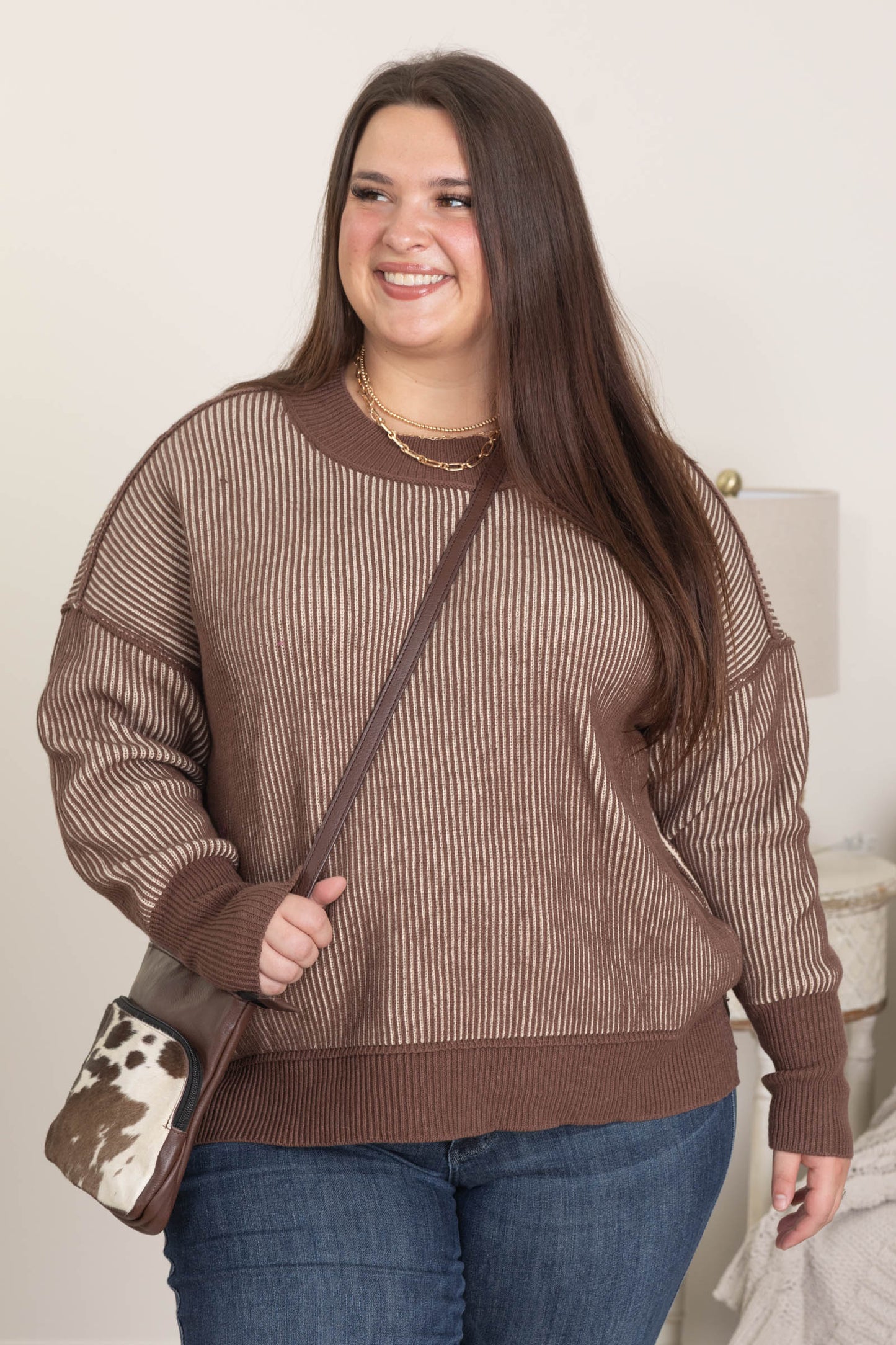 Brown Exposed Seam Two Tone Sweater