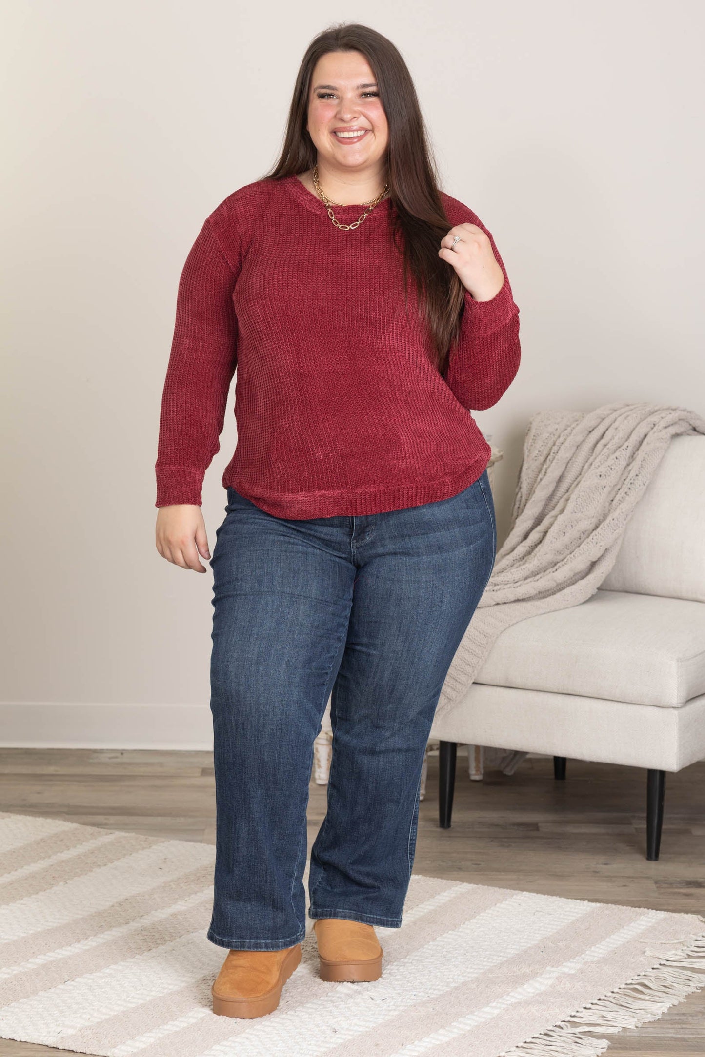 Chenille Waffle Round Neck Sweaters