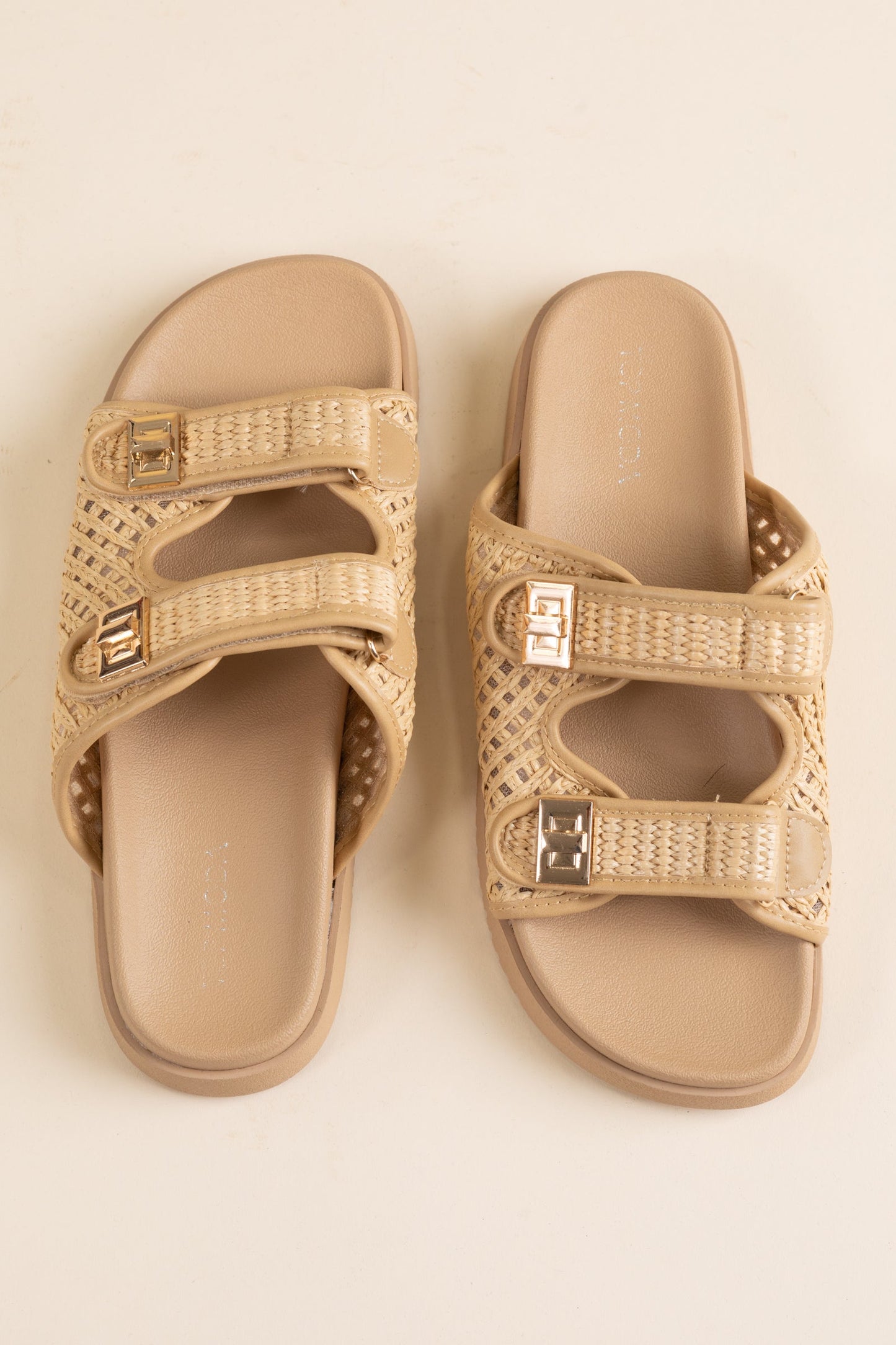 Buckled Strap Raffia Slip On Sandals