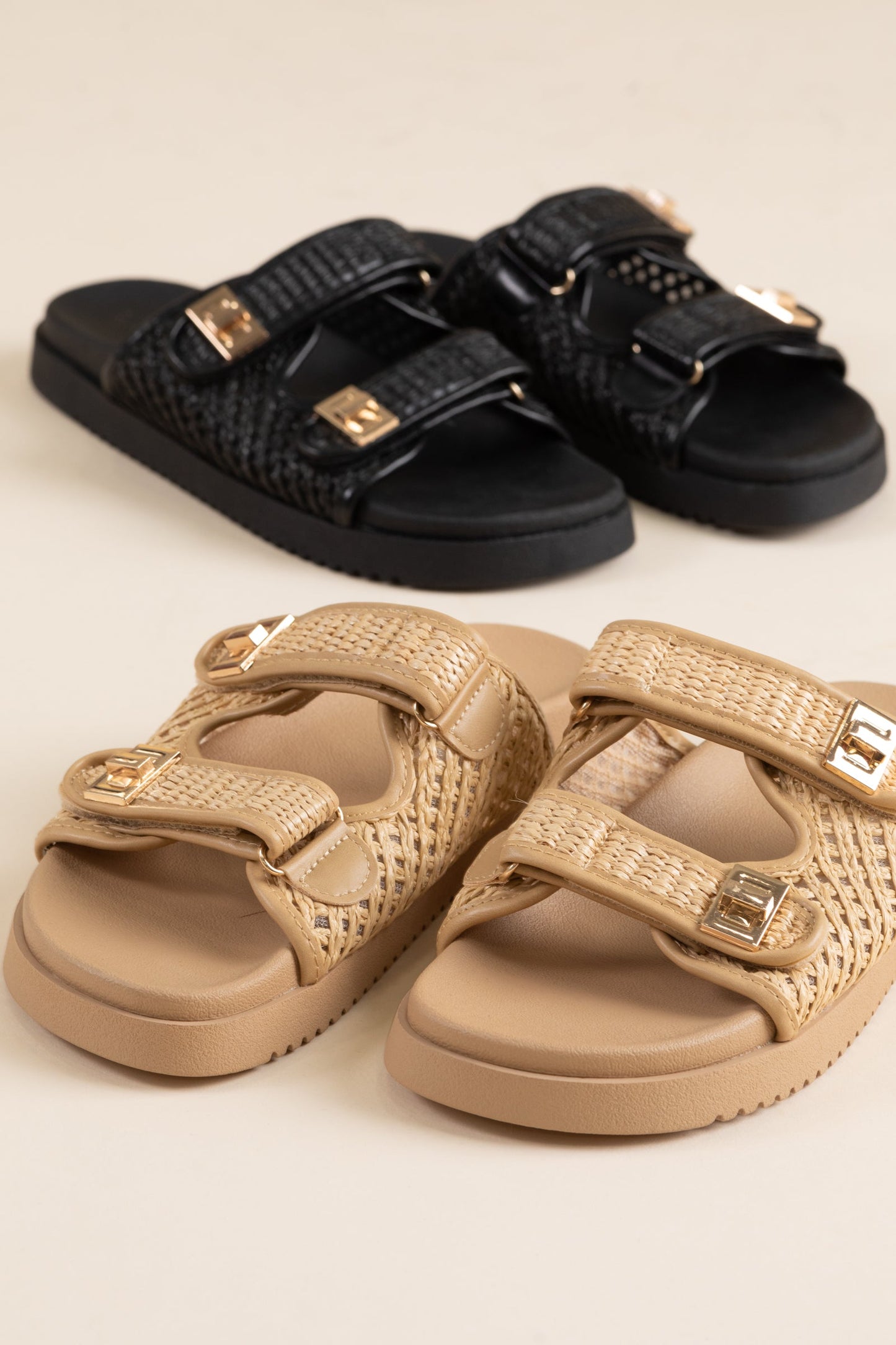 Buckled Strap Raffia Slip On Sandals