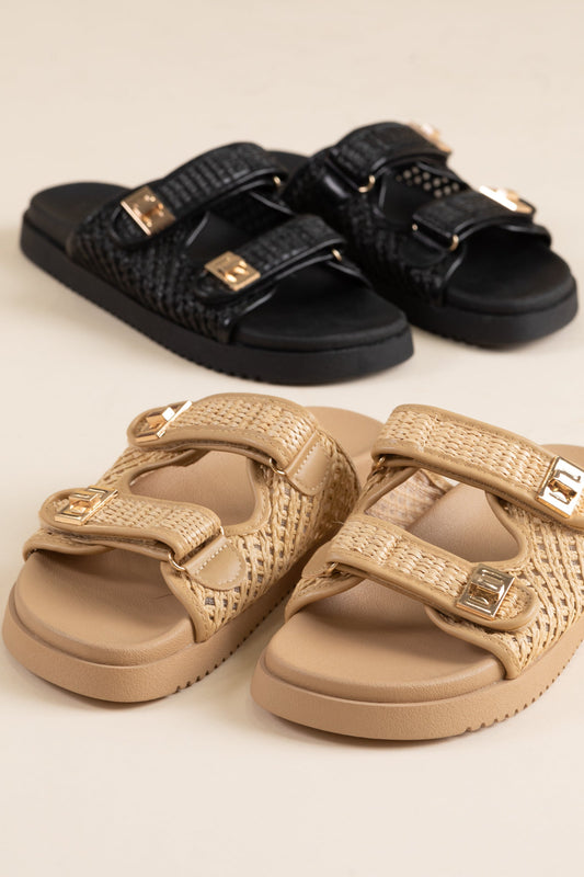 Buckled Strap Raffia Slip On Sandals