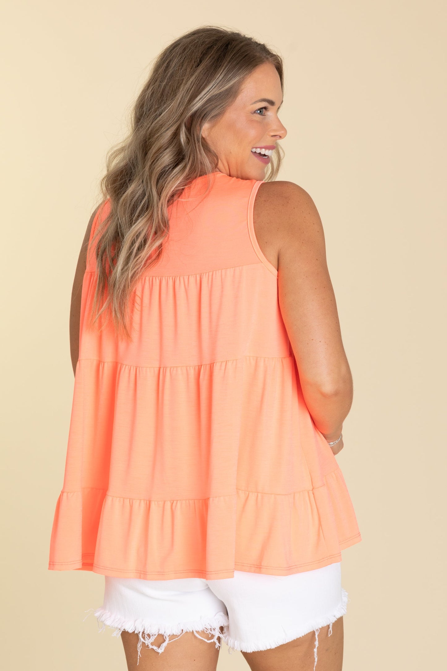 Neon Orange Solid Sleeveless Tiered Knit Top