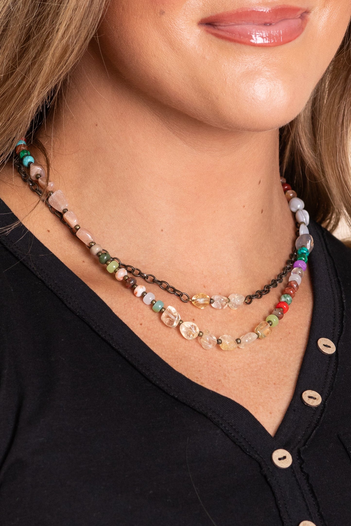 Bronze Chains With Multicolor Beads Necklace