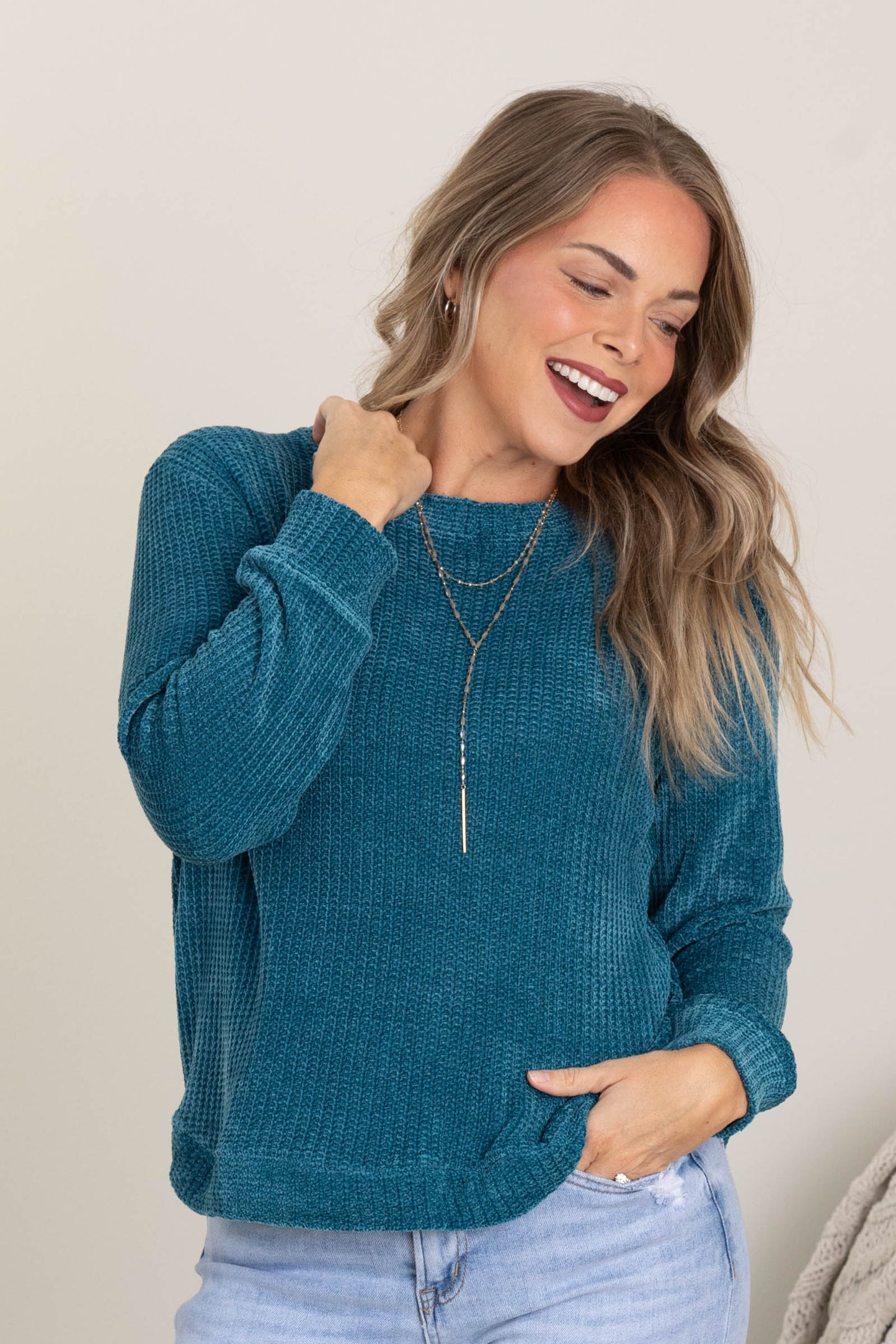 Chenille Waffle Round Neck Sweaters
