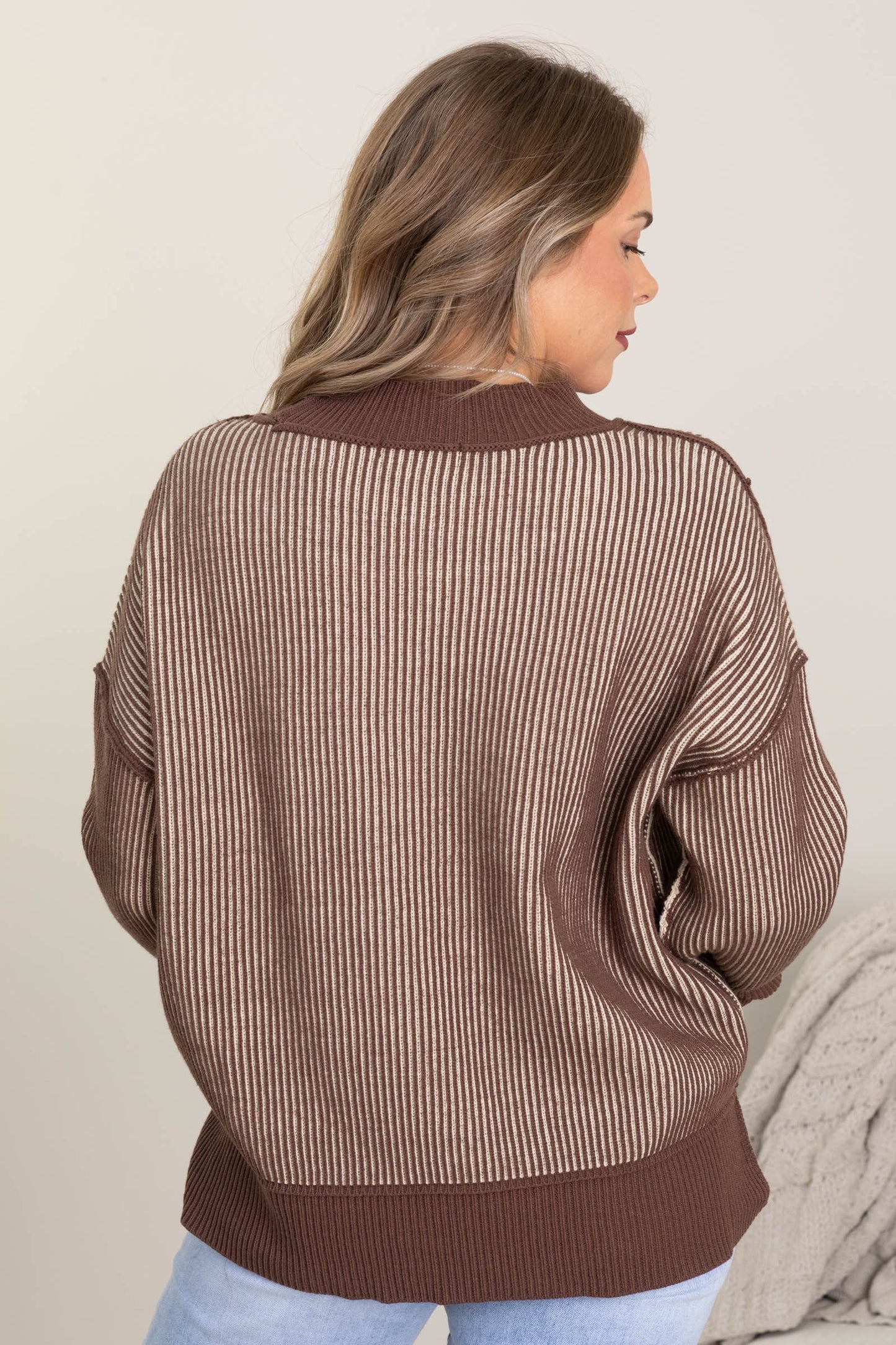 Brown Exposed Seam Two Tone Sweater