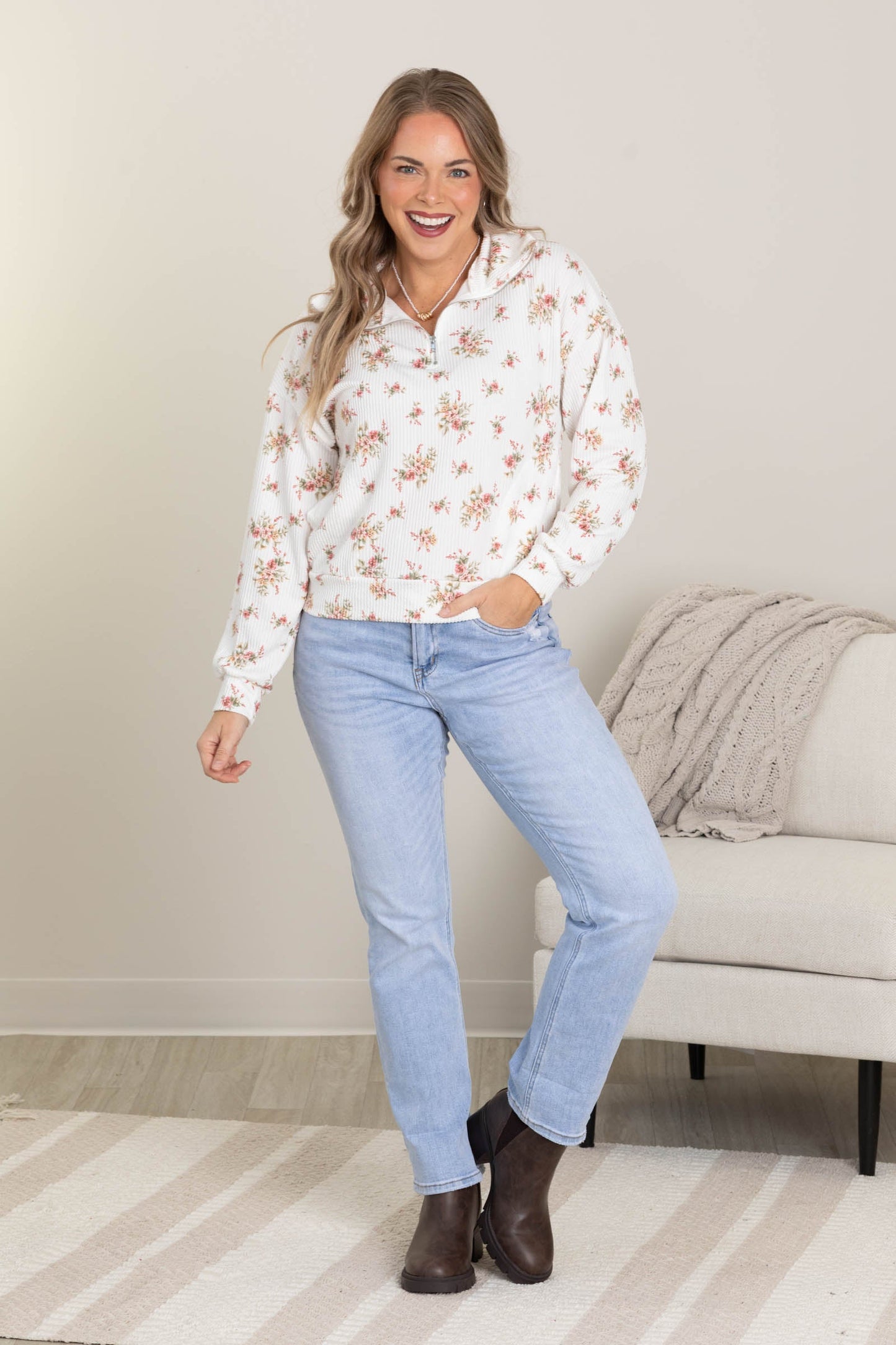 Off White Floral Ribbed Knit Quarter Zip