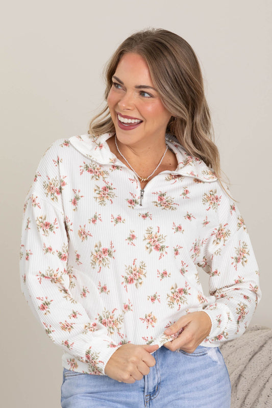 Off White Floral Ribbed Knit Quarter Zip