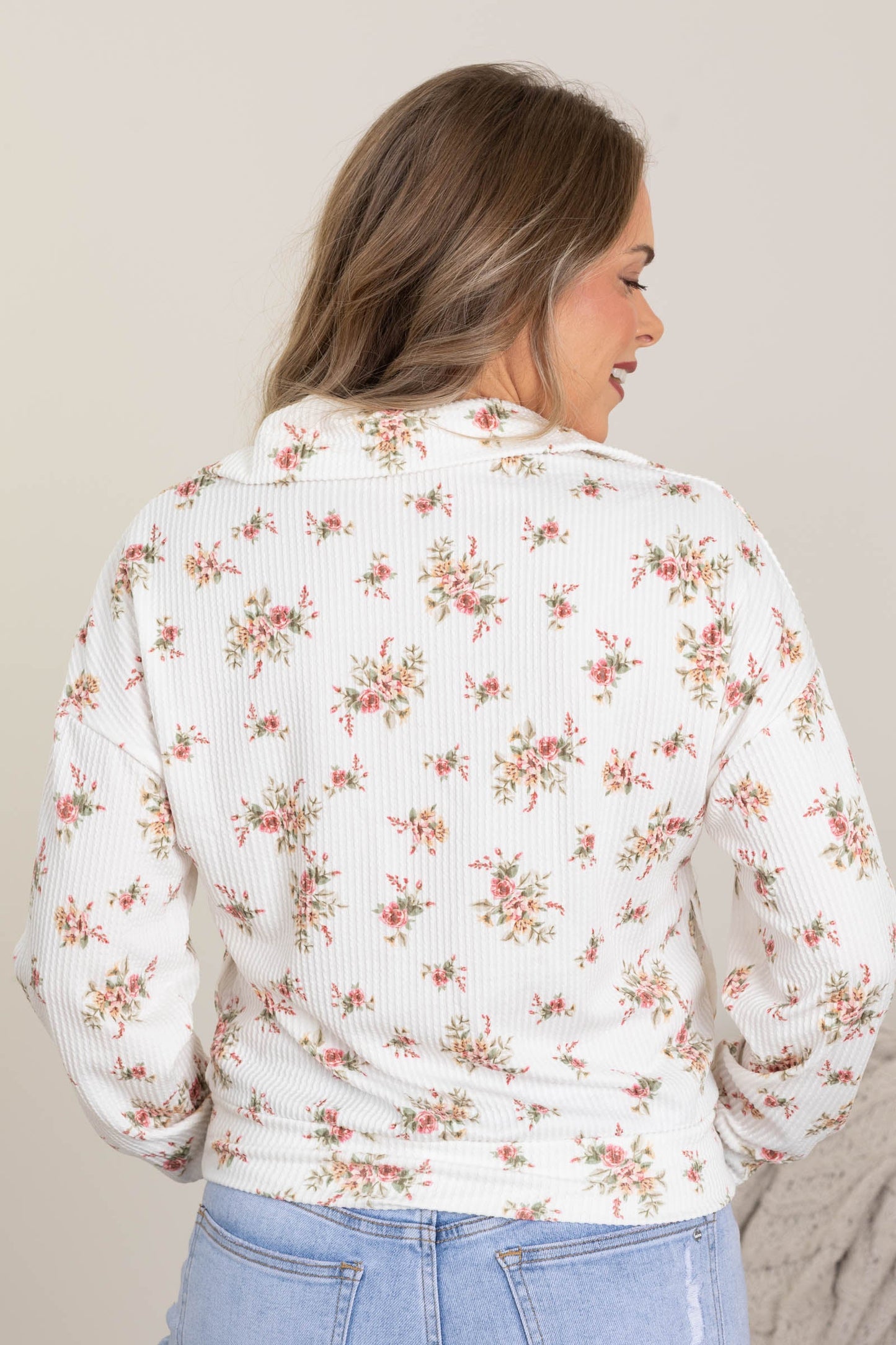 Off White Floral Ribbed Knit Quarter Zip