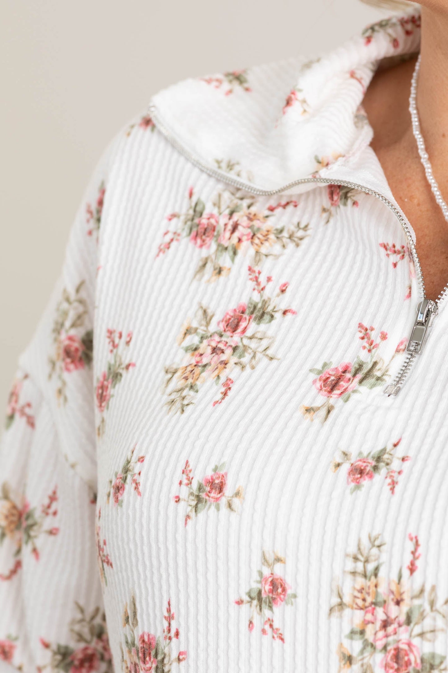 Off White Floral Ribbed Knit Quarter Zip