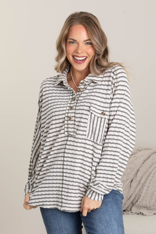 Olive Textured Stripe Casual Knit Top