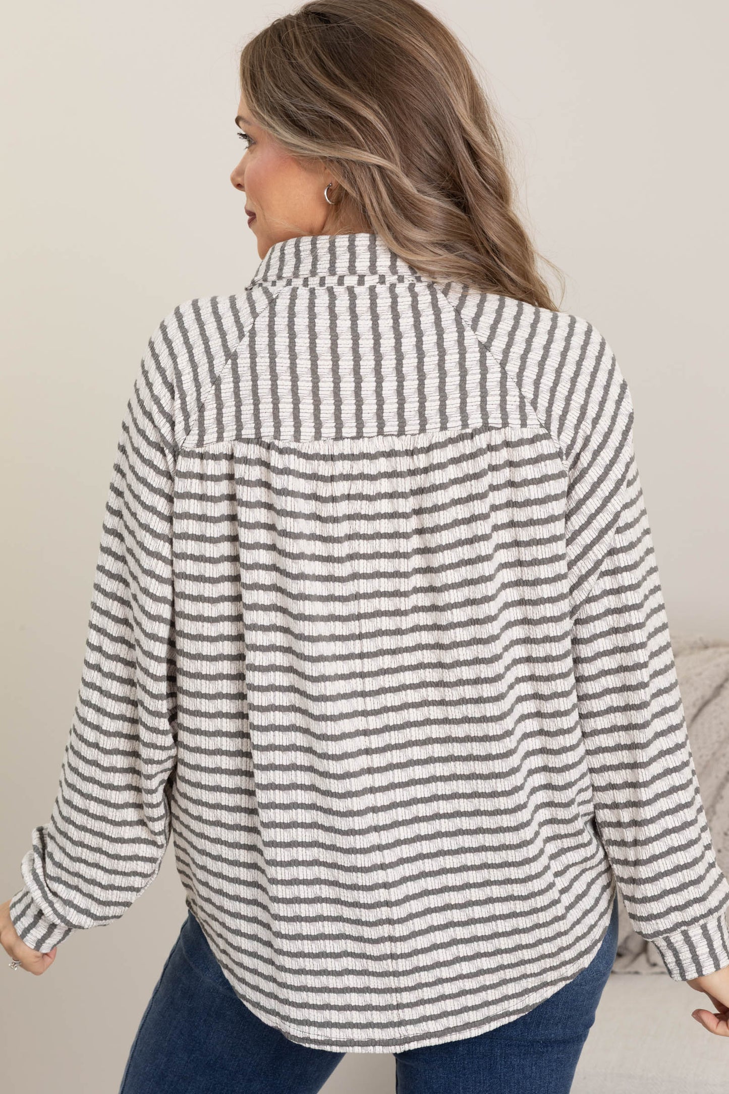 Olive Textured Stripe Casual Knit Top