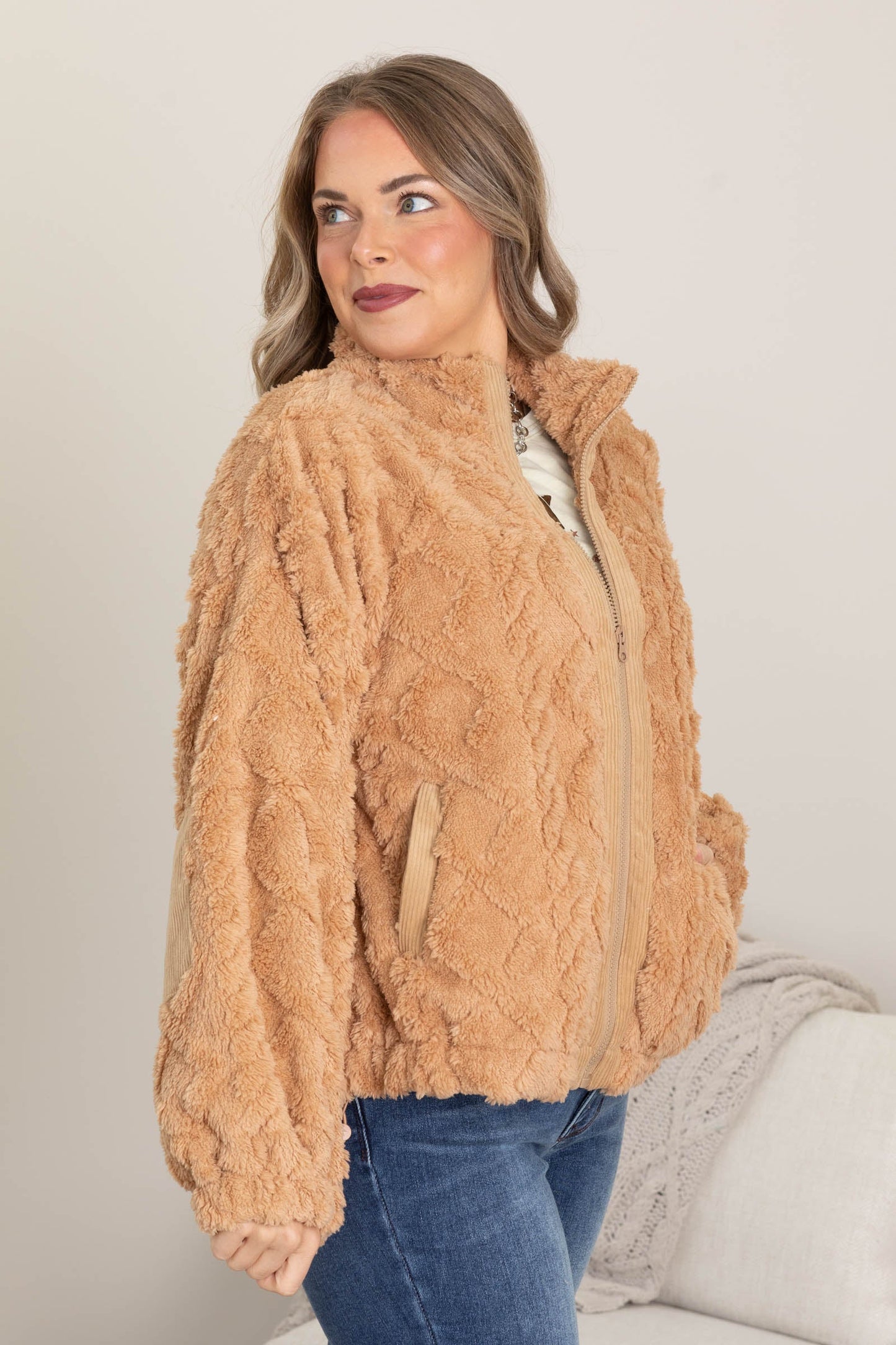 Camel Fuzzy Fleece Cable Pattern Jacket