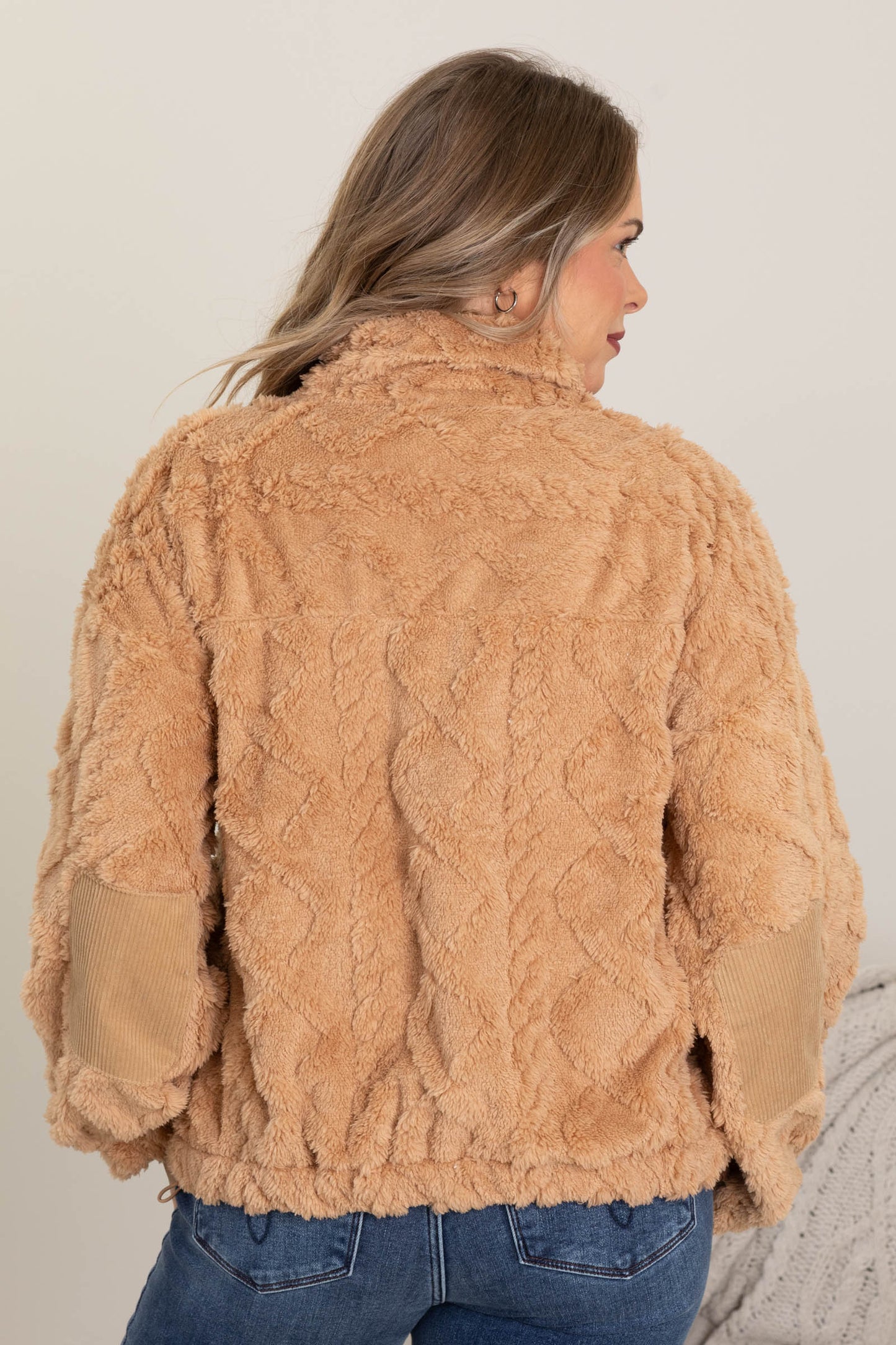 Camel Fuzzy Fleece Cable Pattern Jacket
