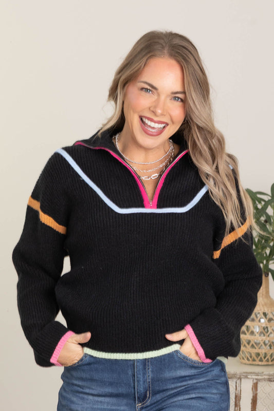 Black Multicolor Binding Quarter Zip Sweater