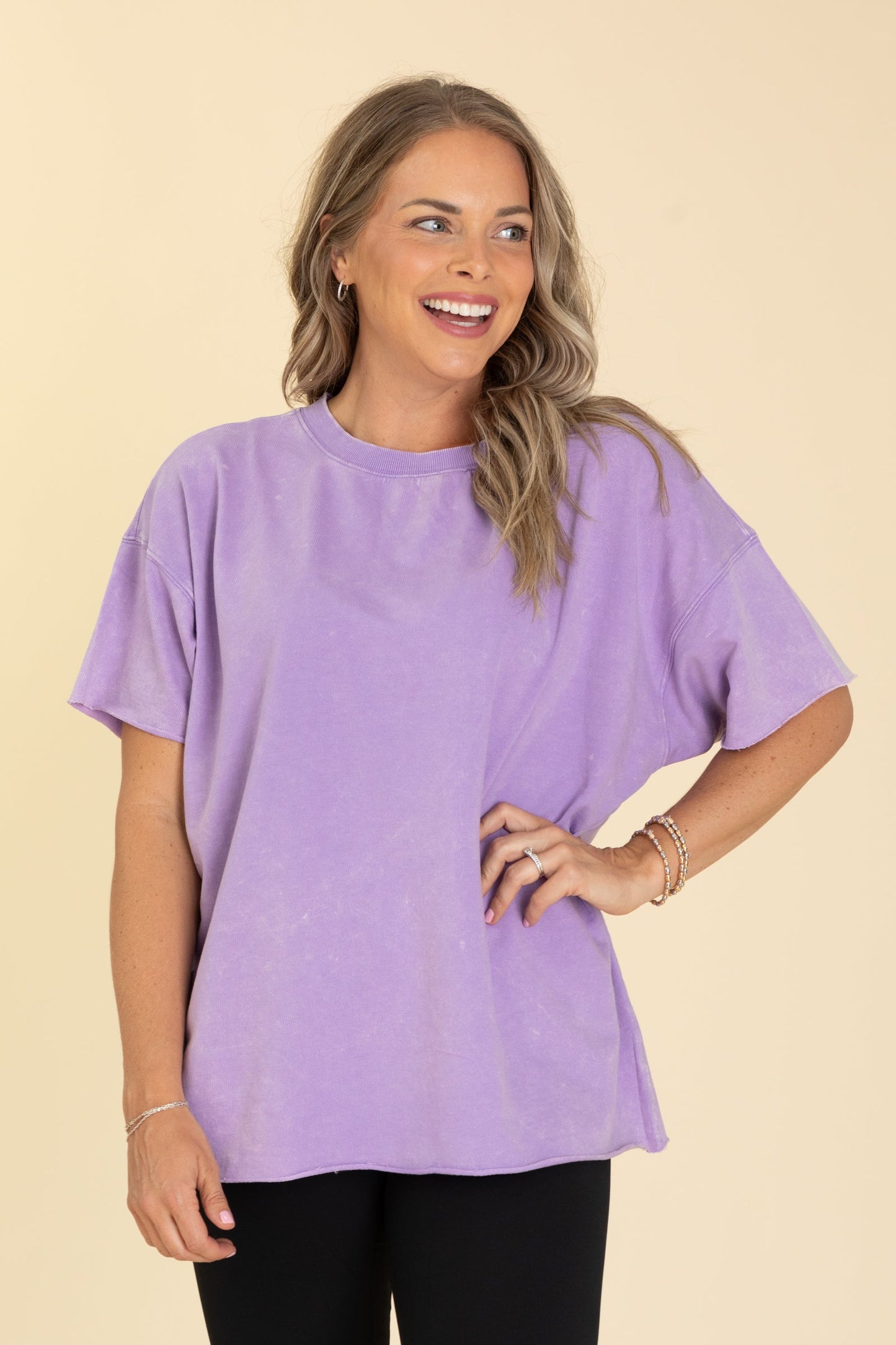 Acid Wash French Terry Drop Shoulder Knit Tops