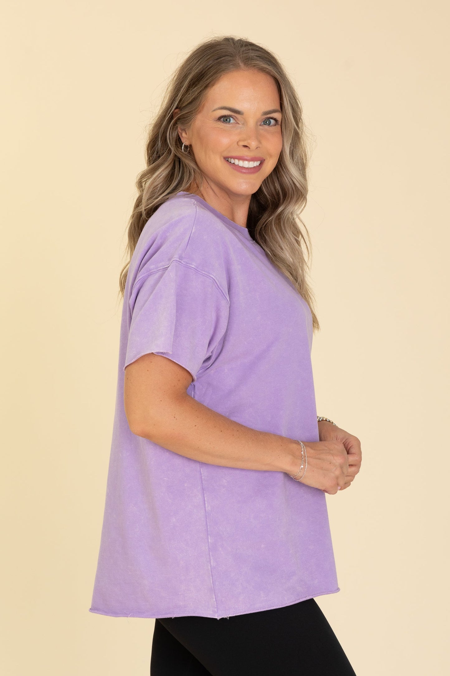 Acid Wash French Terry Drop Shoulder Knit Tops