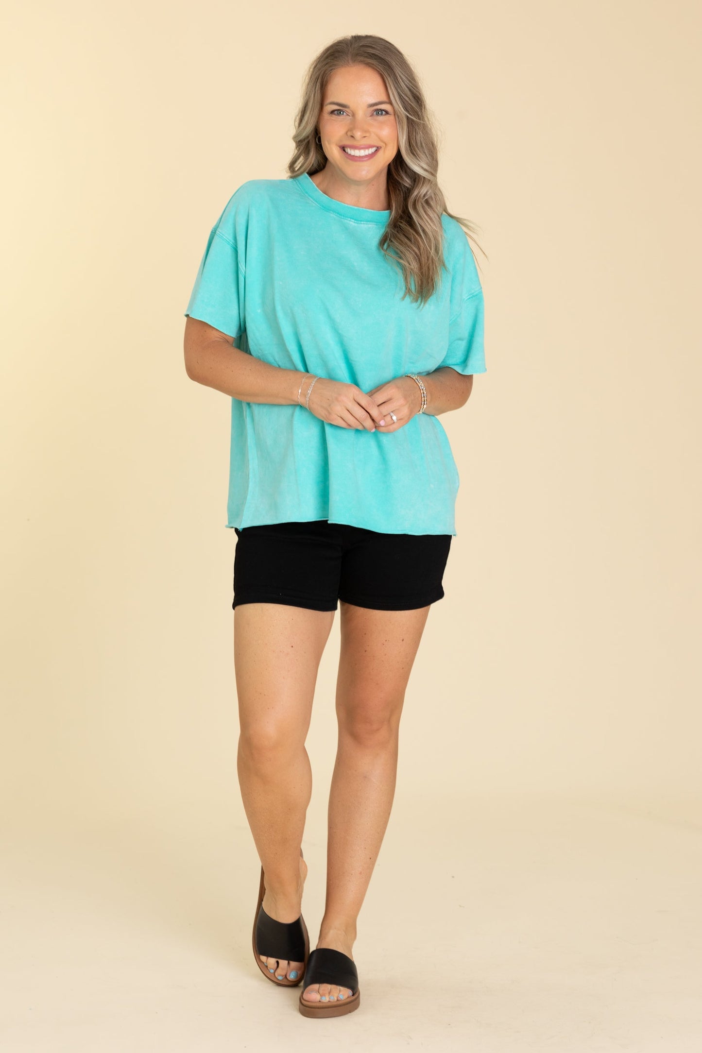 Acid Wash French Terry Drop Shoulder Knit Tops