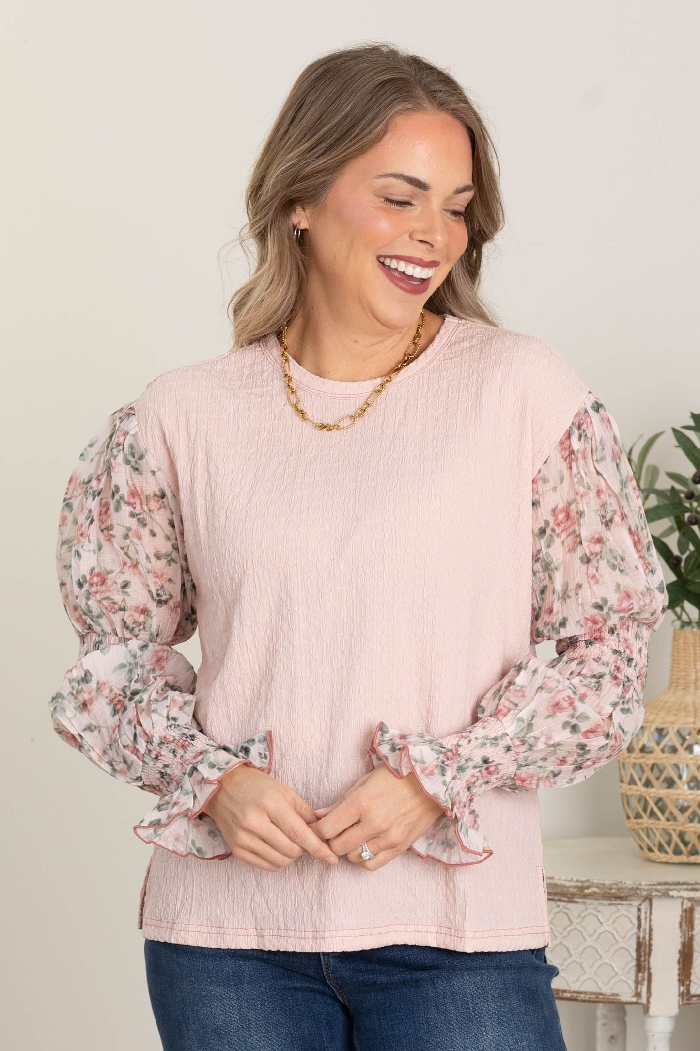 Blush Mix Media Floral Sleeve Textured Knit Top