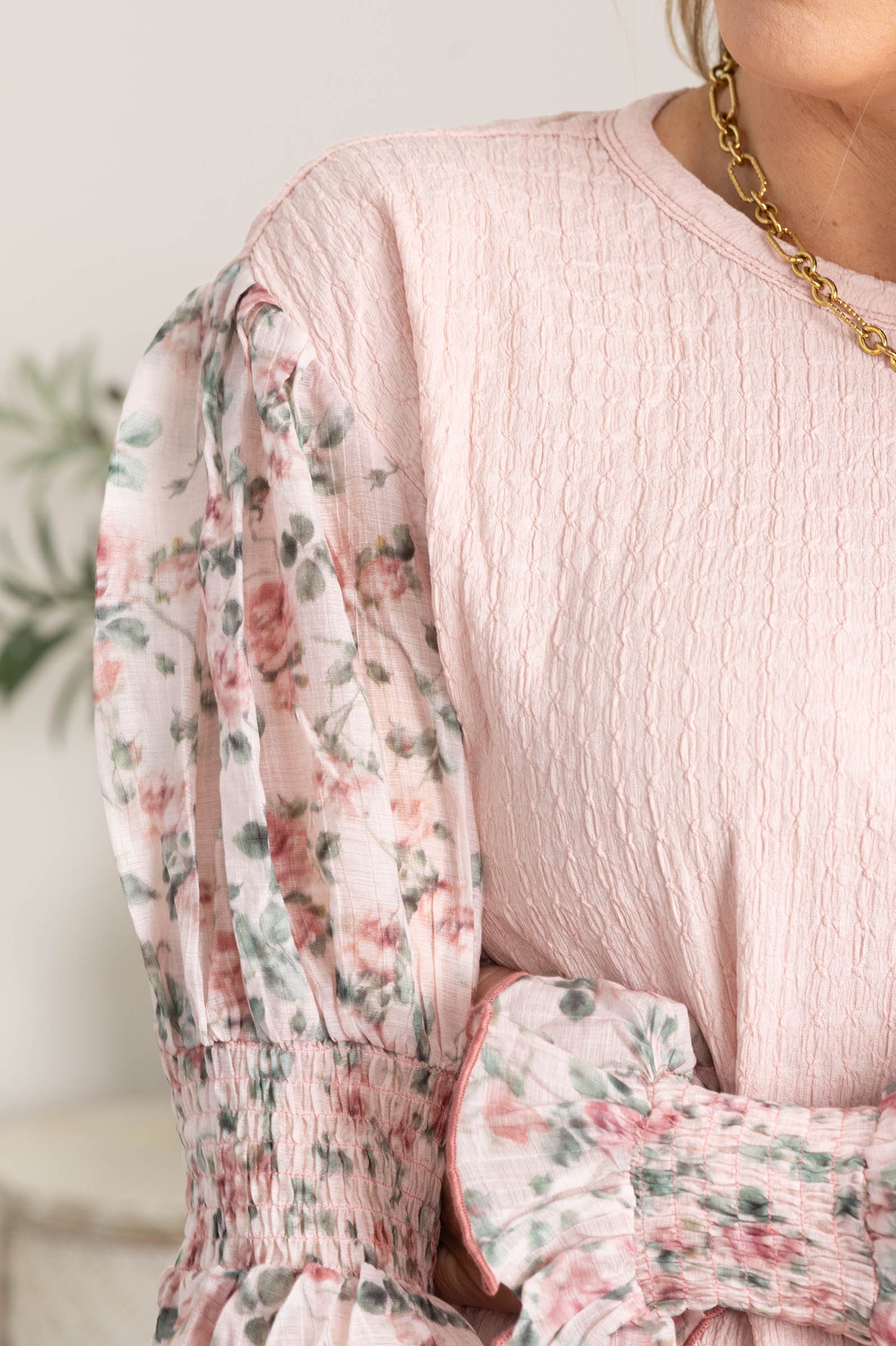 Blush Mix Media Floral Sleeve Textured Knit Top