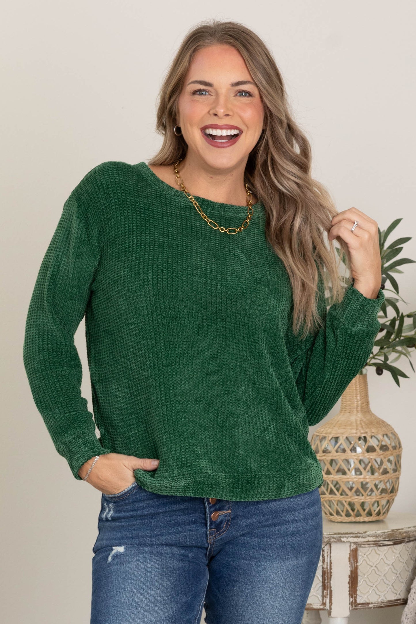 Chenille Waffle Round Neck Sweaters