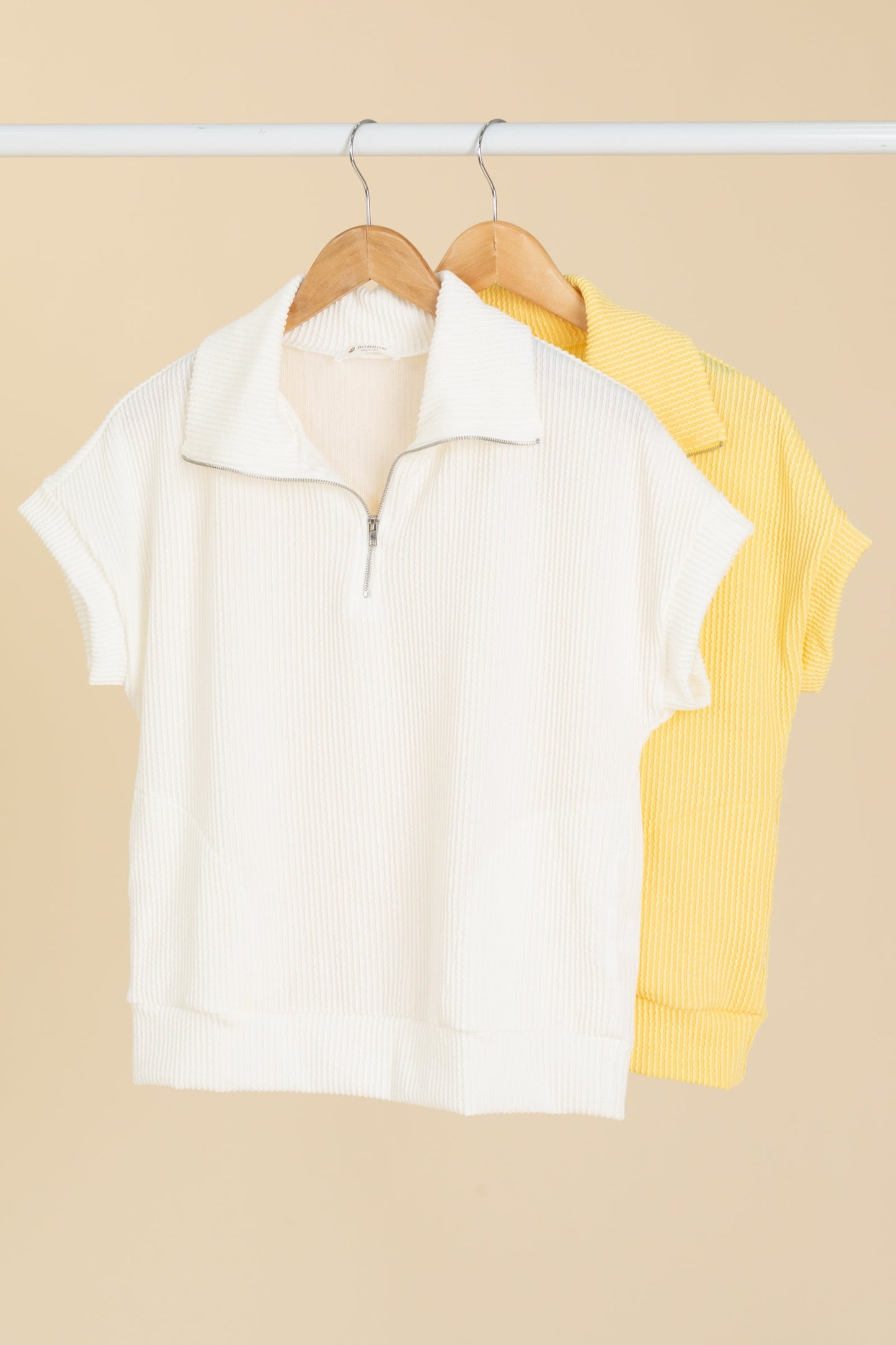 Ribbed Knit Quarter Zip Tops