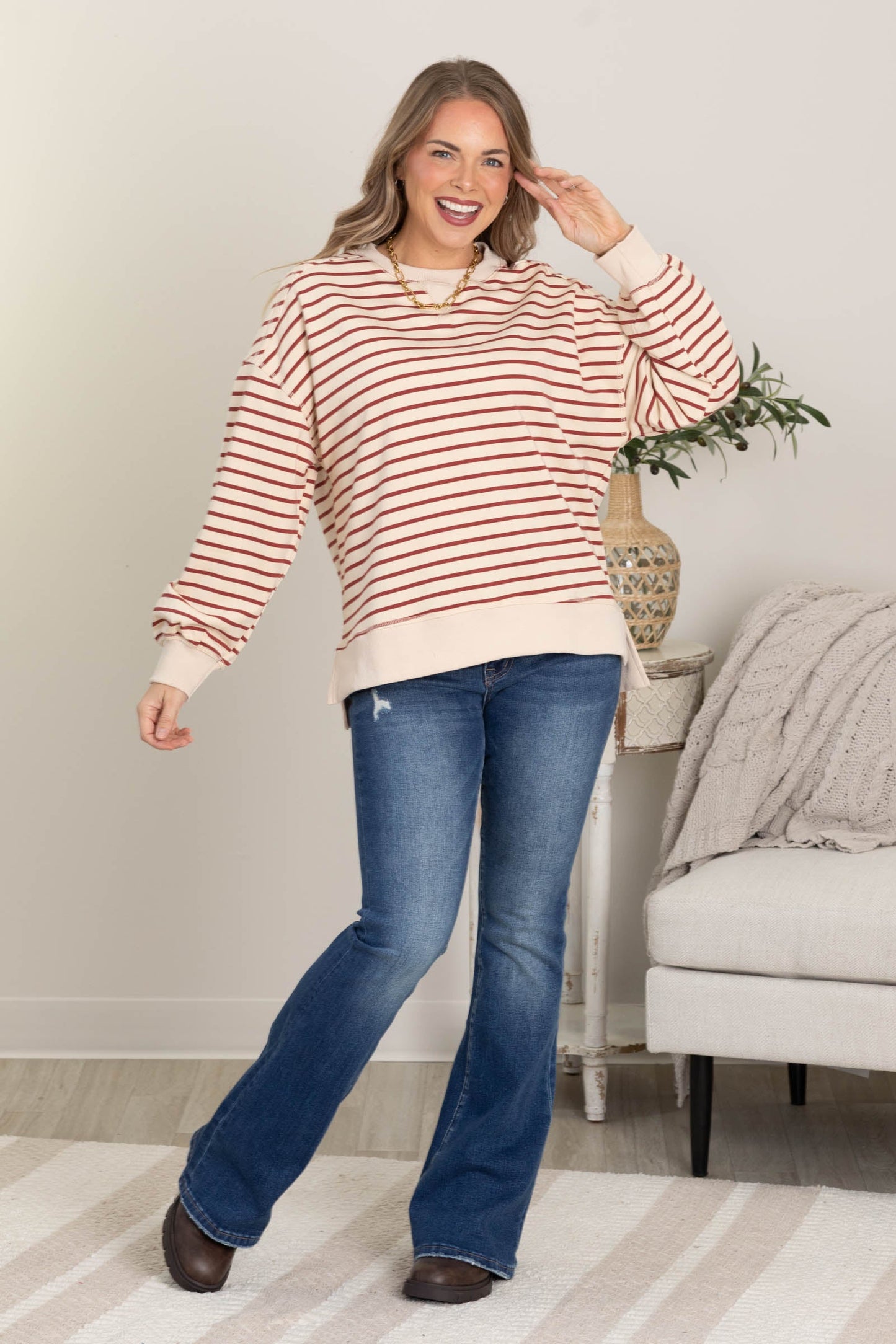Stripe Comfy Casual Crewneck Knit Tops