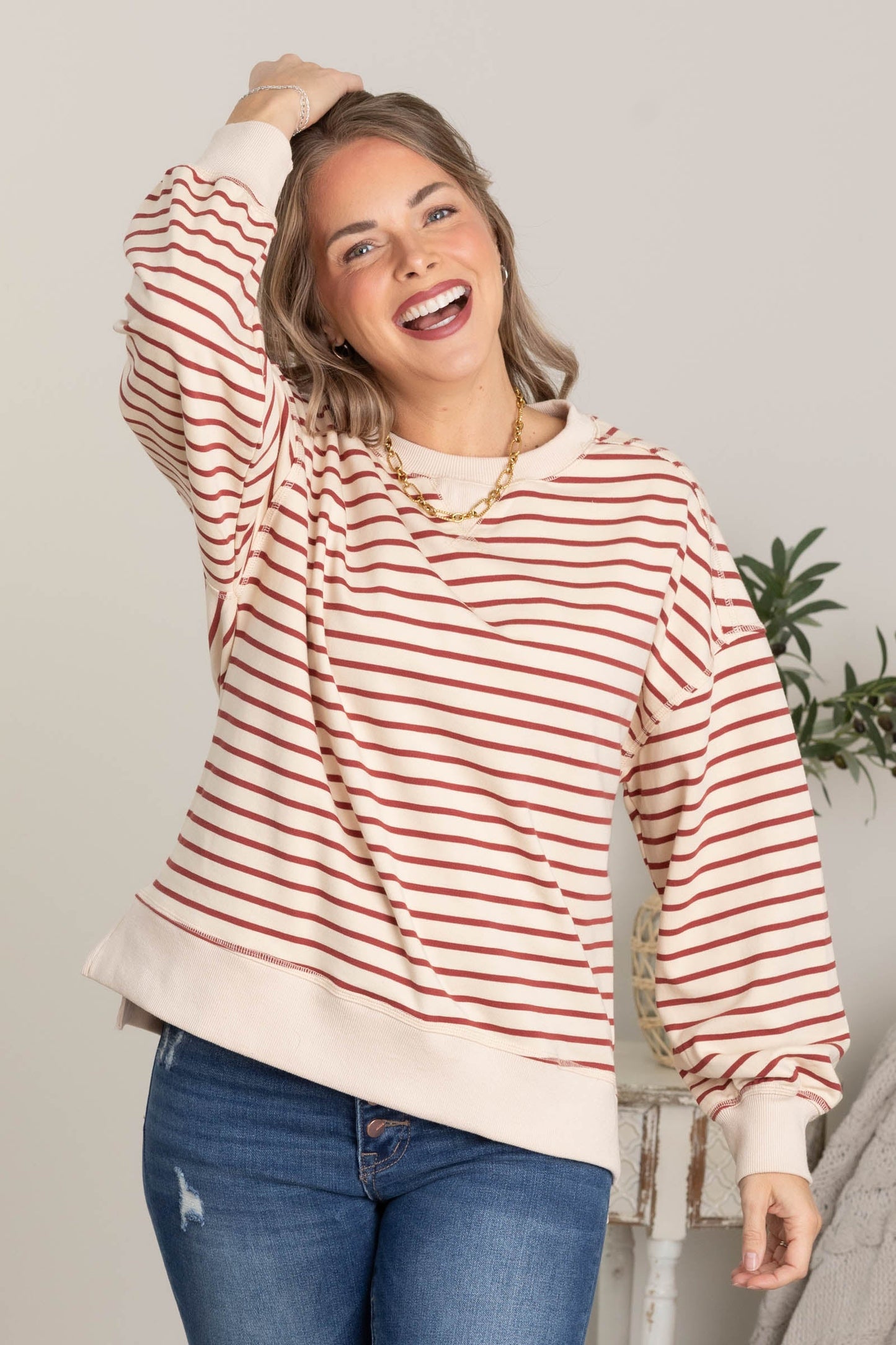 Stripe Comfy Casual Crewneck Knit Tops