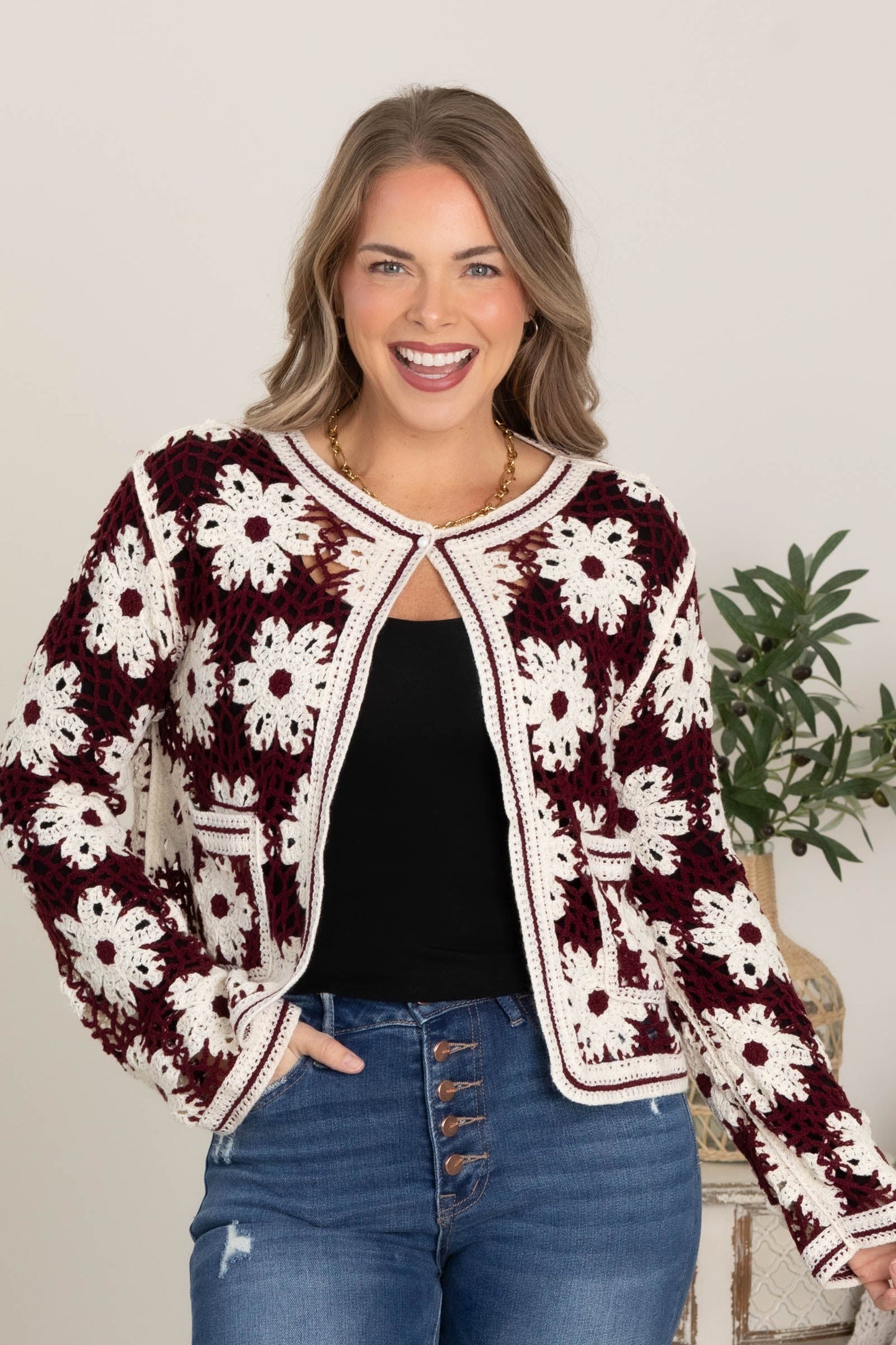 Burgundy Daisy Crochet Open Cardigan