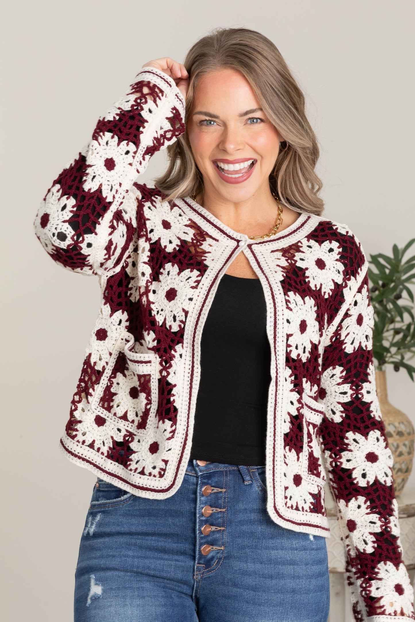 Burgundy Daisy Crochet Open Cardigan