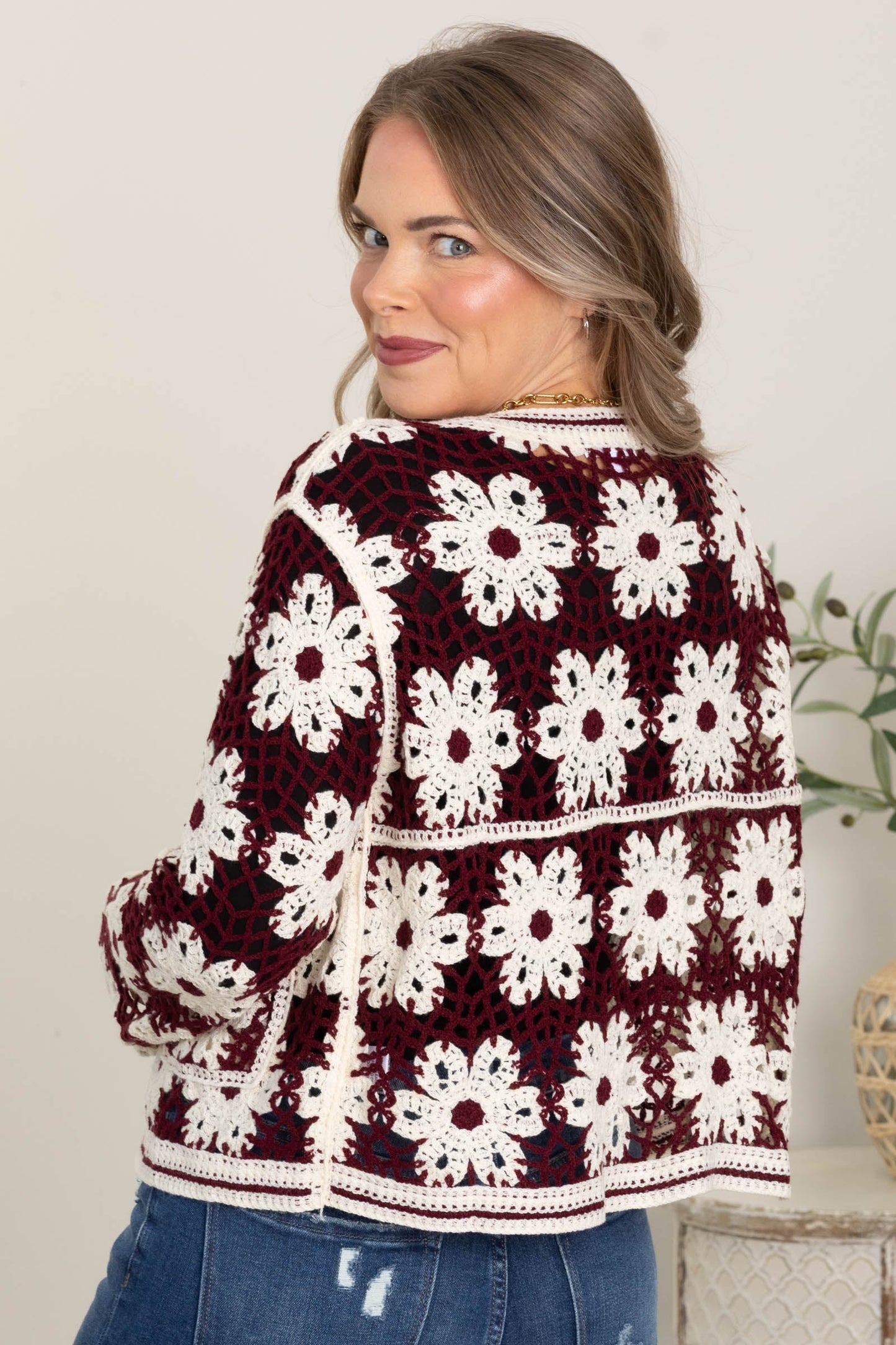 Burgundy Daisy Crochet Open Cardigan
