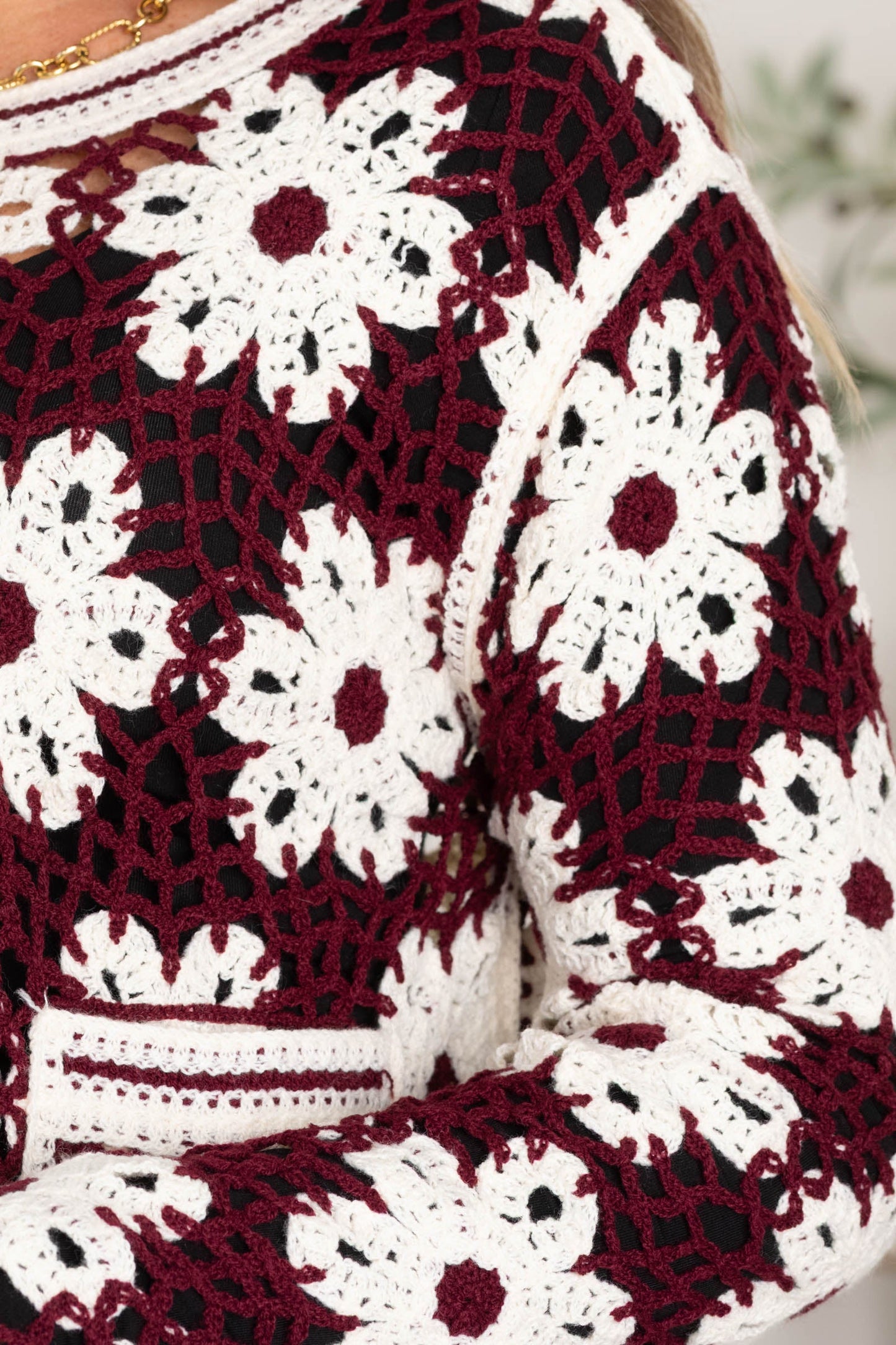 Burgundy Daisy Crochet Open Cardigan