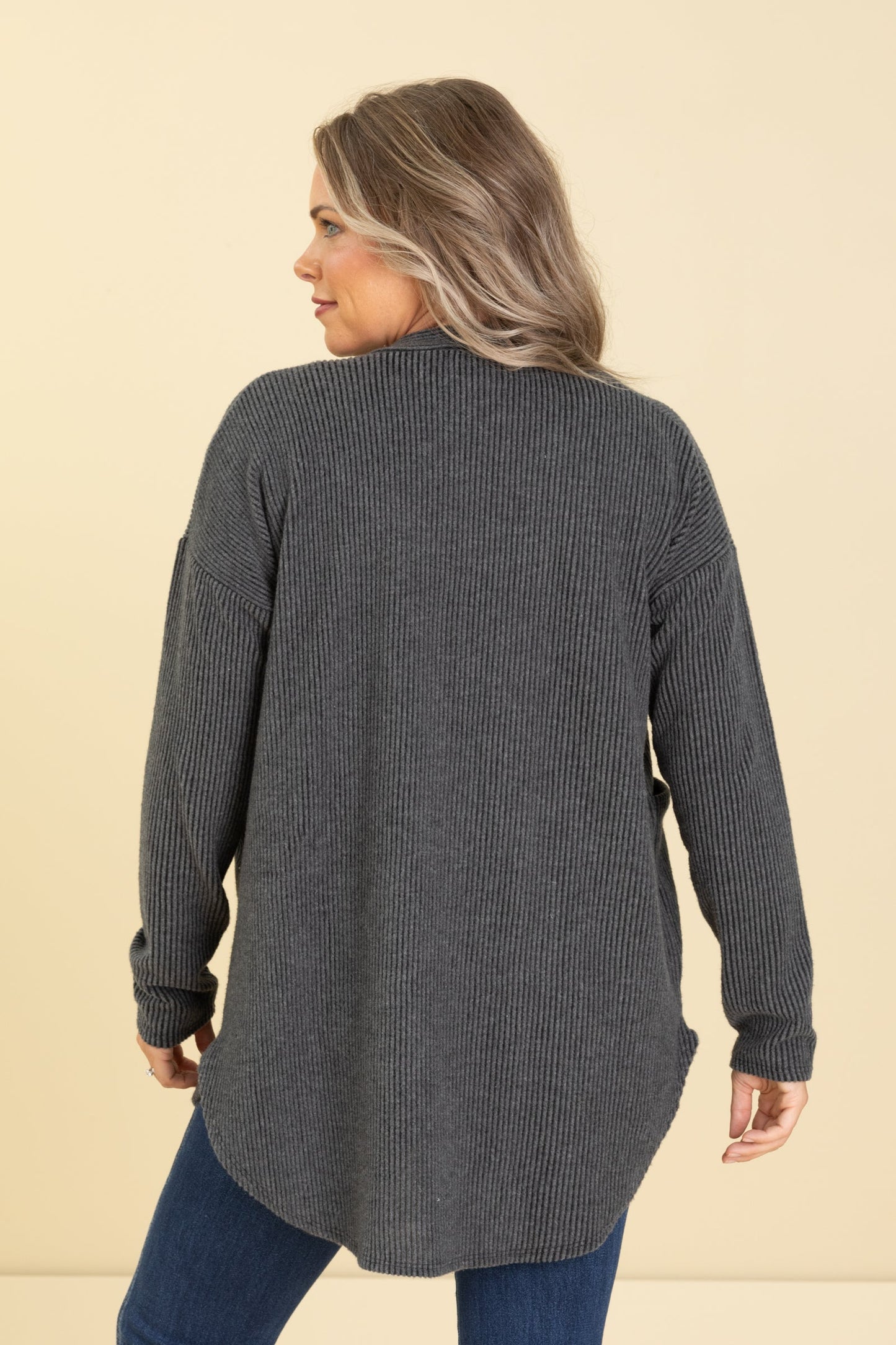 Solid Ribbed Cardigan With Front Pockets