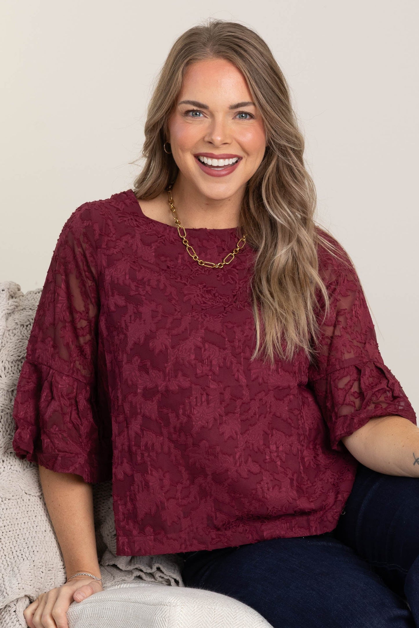 Burgundy Jacquard Bell Sleeve Chiffon Blouse