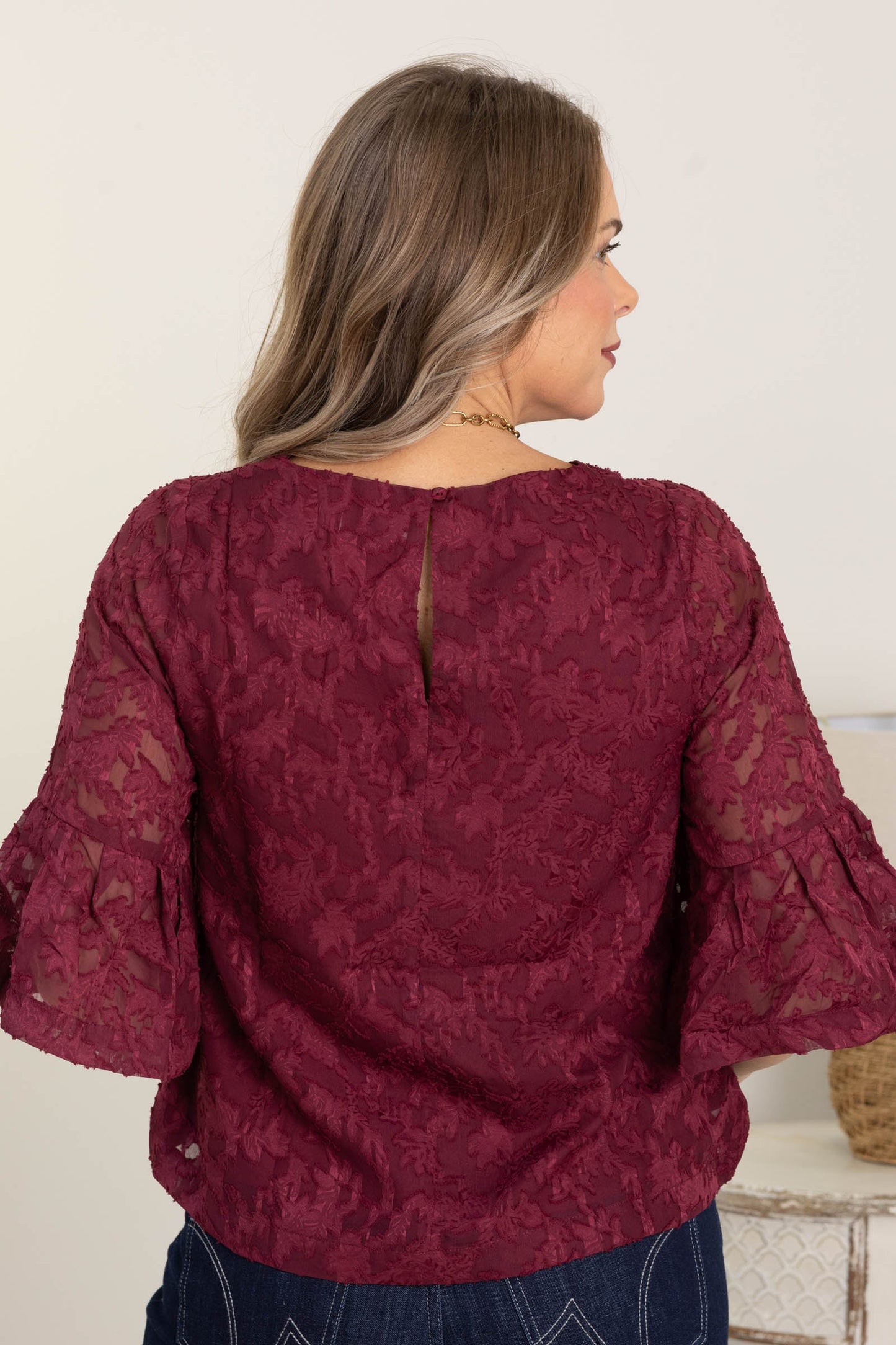 Burgundy Jacquard Bell Sleeve Chiffon Blouse