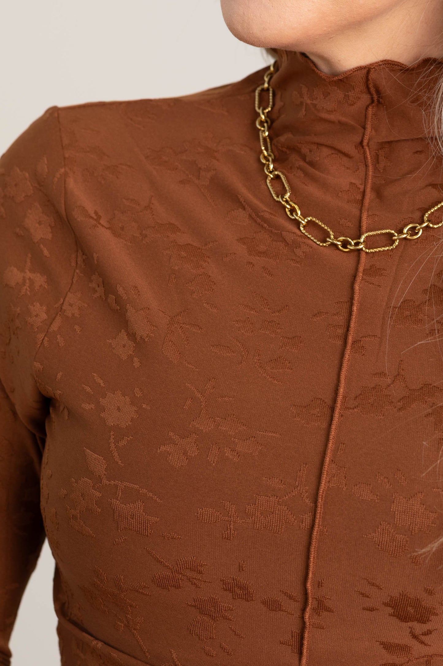 Cognac Floral Textured Knit Mock Neck Top