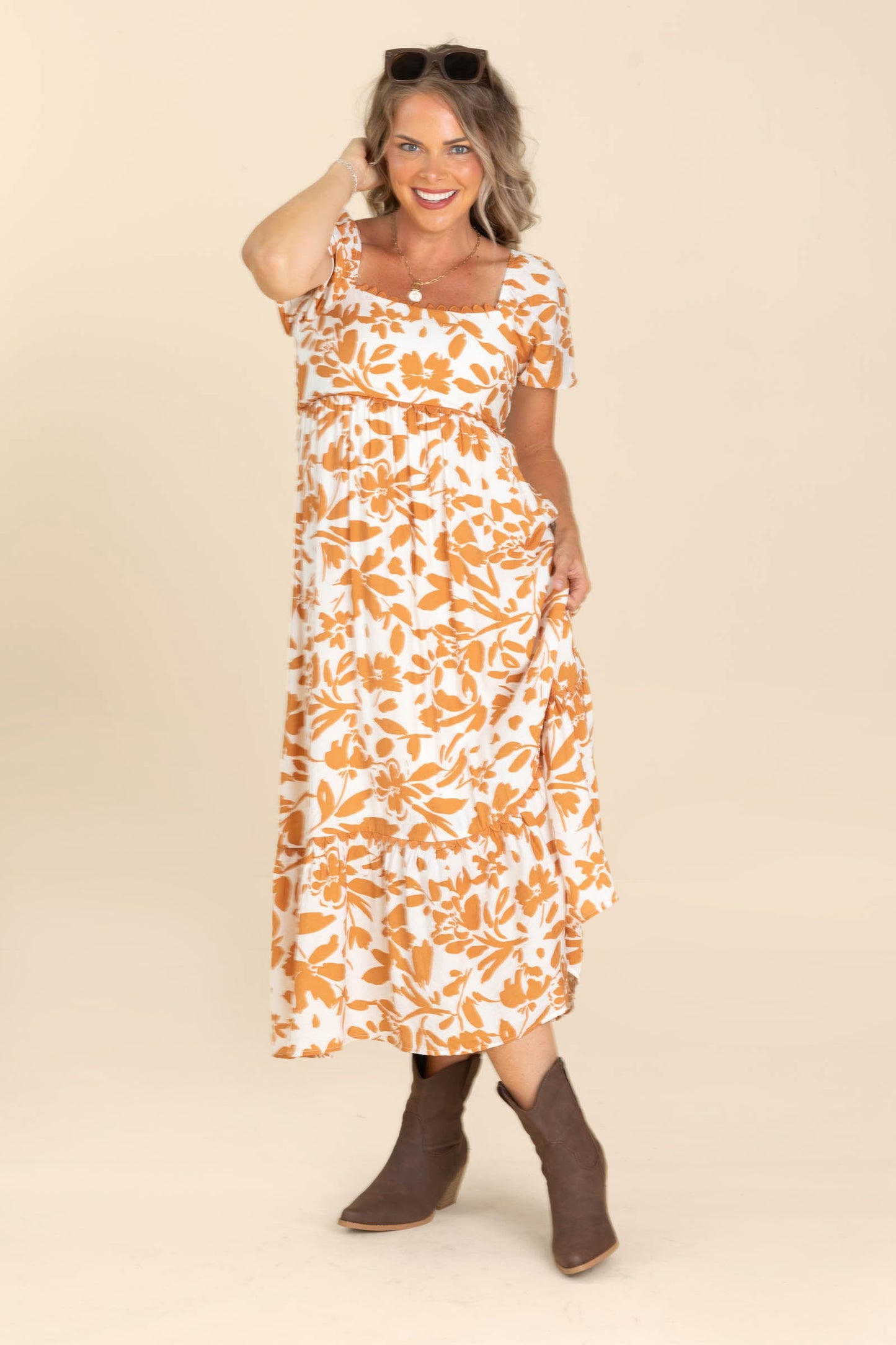 Burnt Orange Floral Scallop Trim Midi Dress
