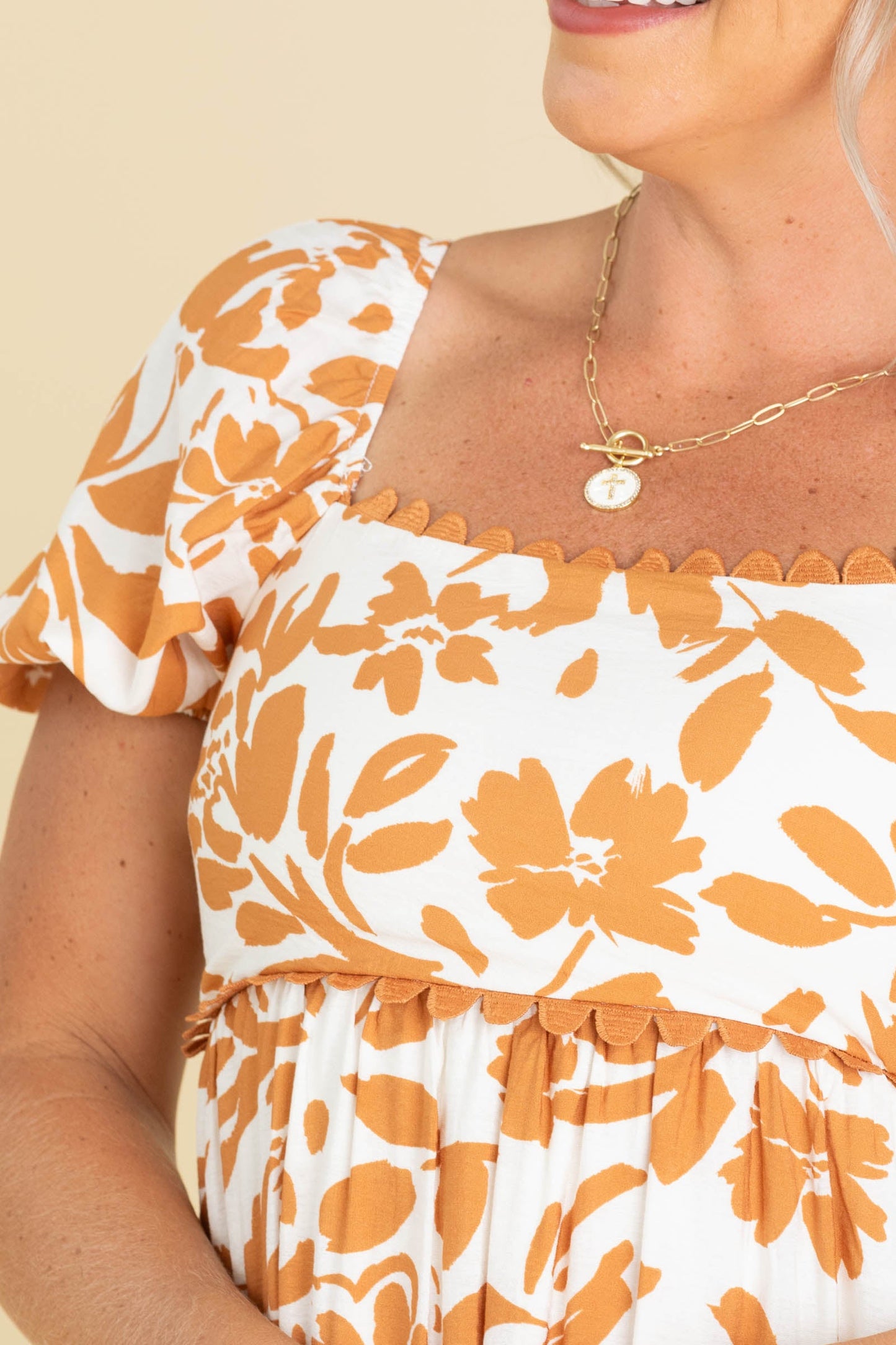 Burnt Orange Floral Scallop Trim Midi Dress