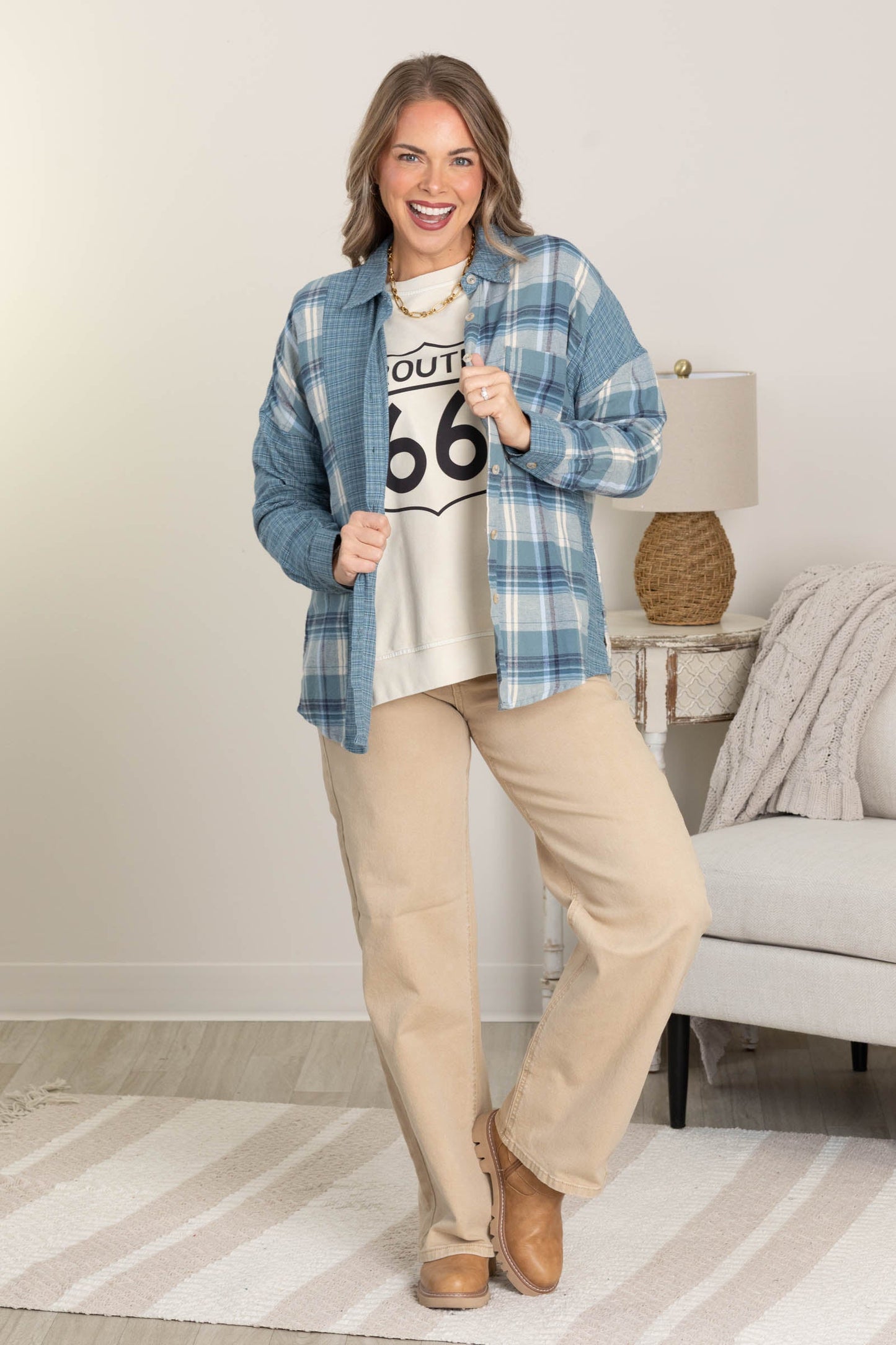 Dusty Blue Colorblock Plaid Button Down Top