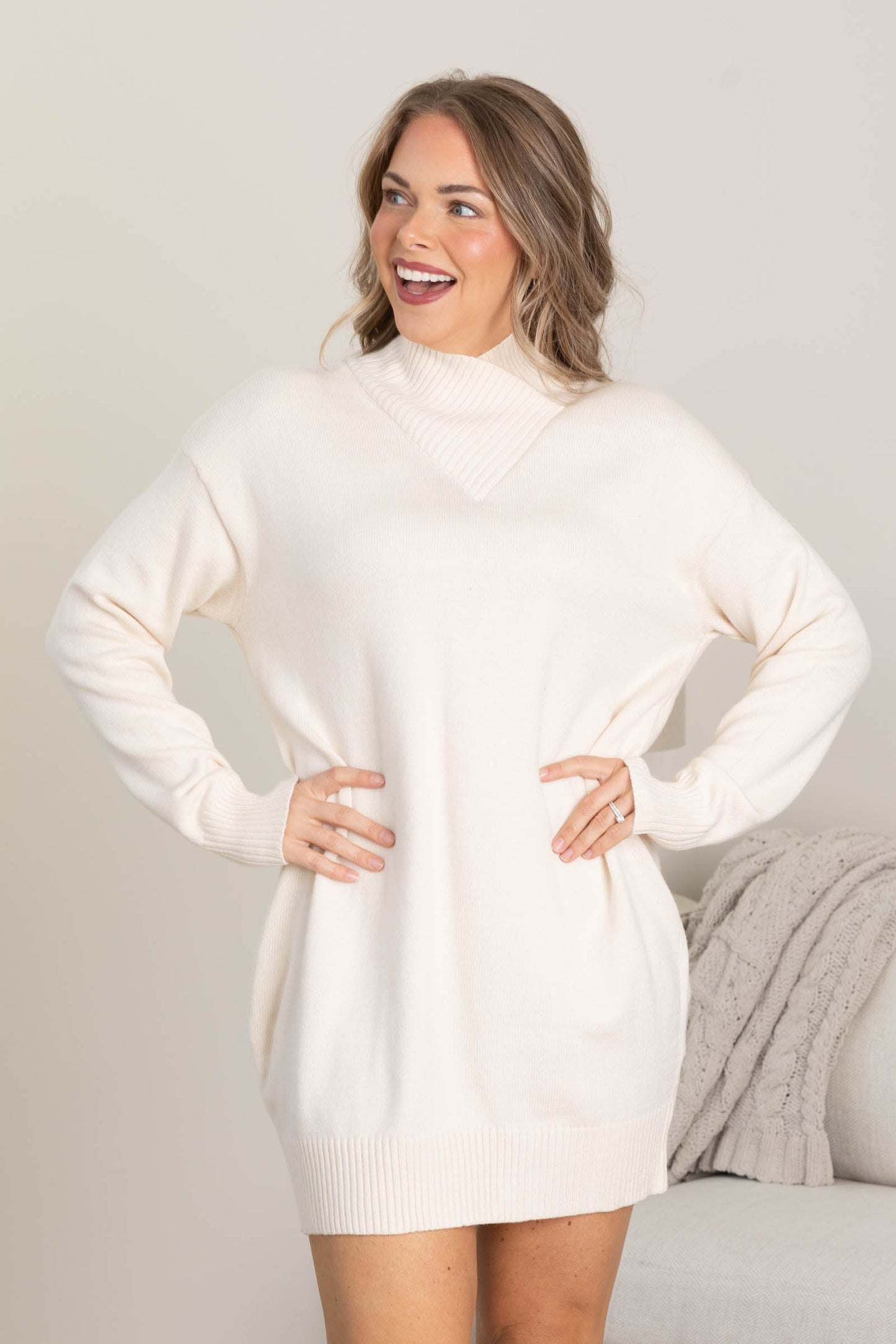 Cream Mock Neck Sweater Dress