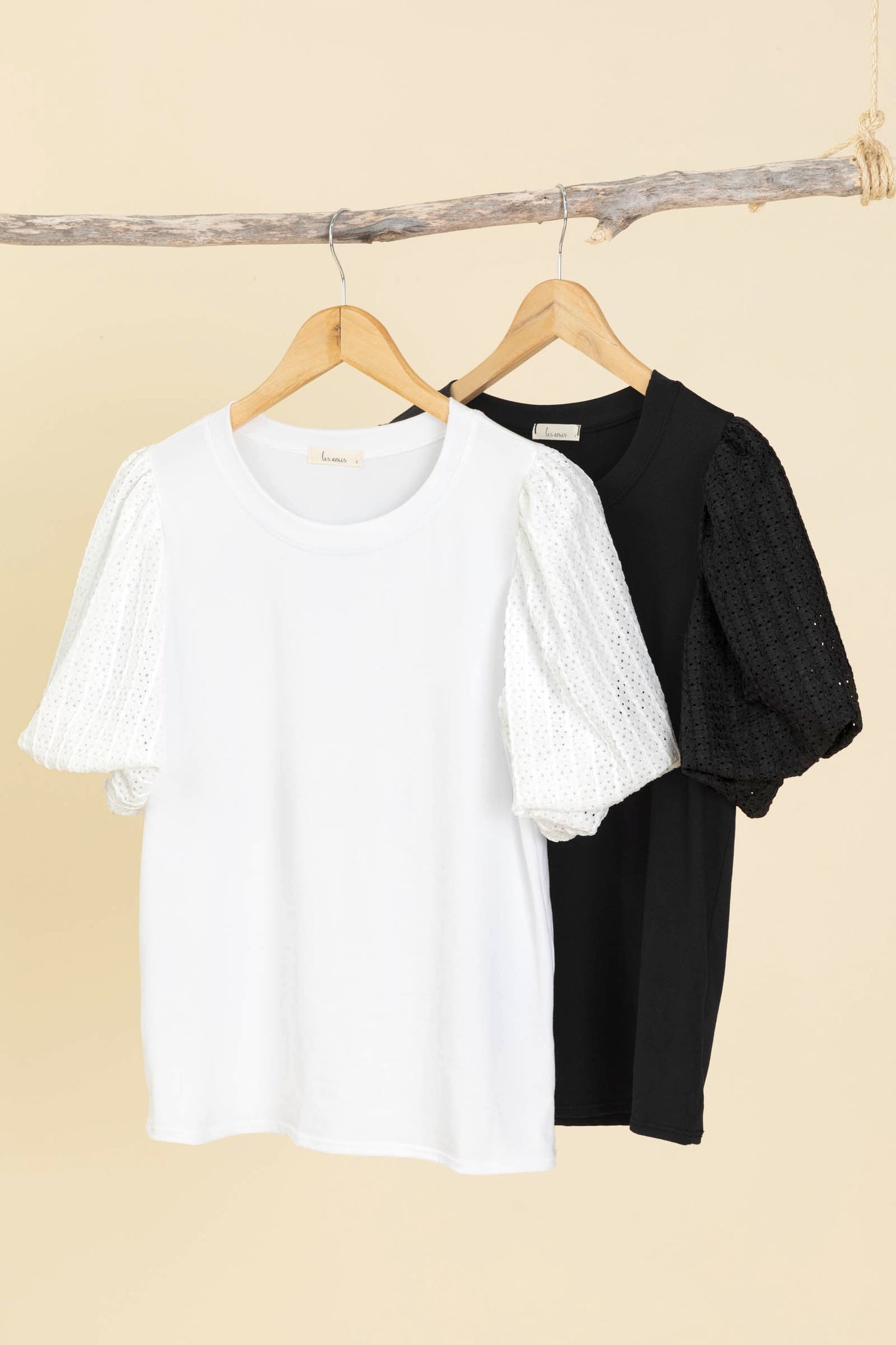 Solid Knit Tops With Contrast Puffed Sleeves