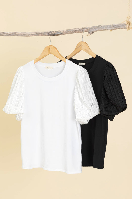 Solid Knit Tops With Contrast Puffed Sleeves