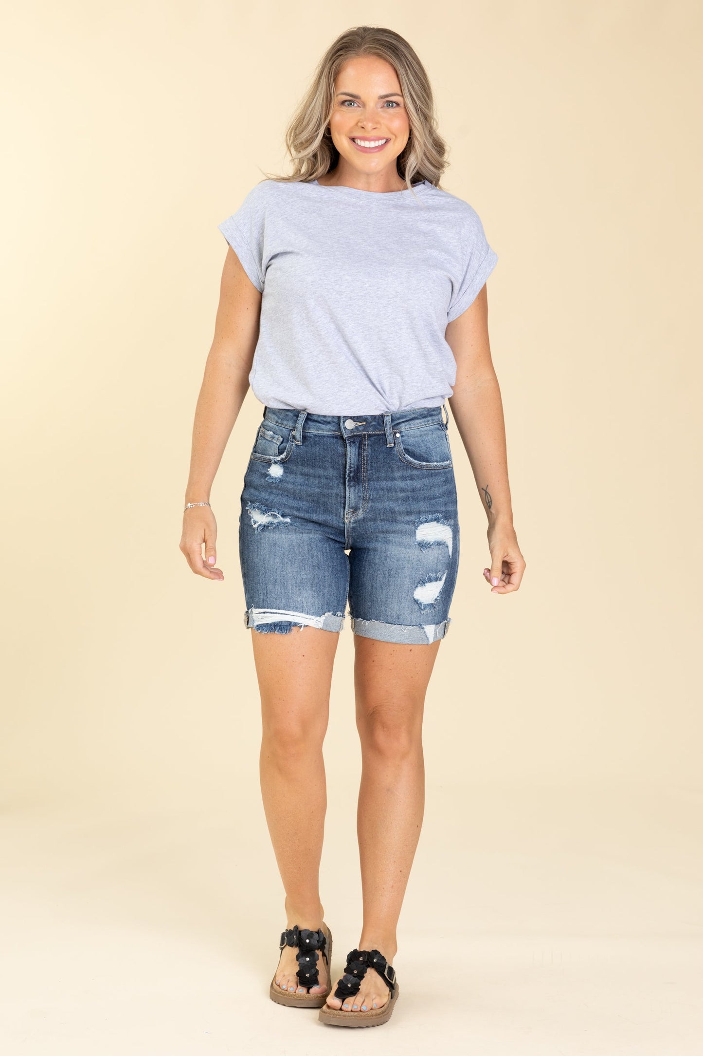 Risen Medium Wash High Rise Cuffed Shorts