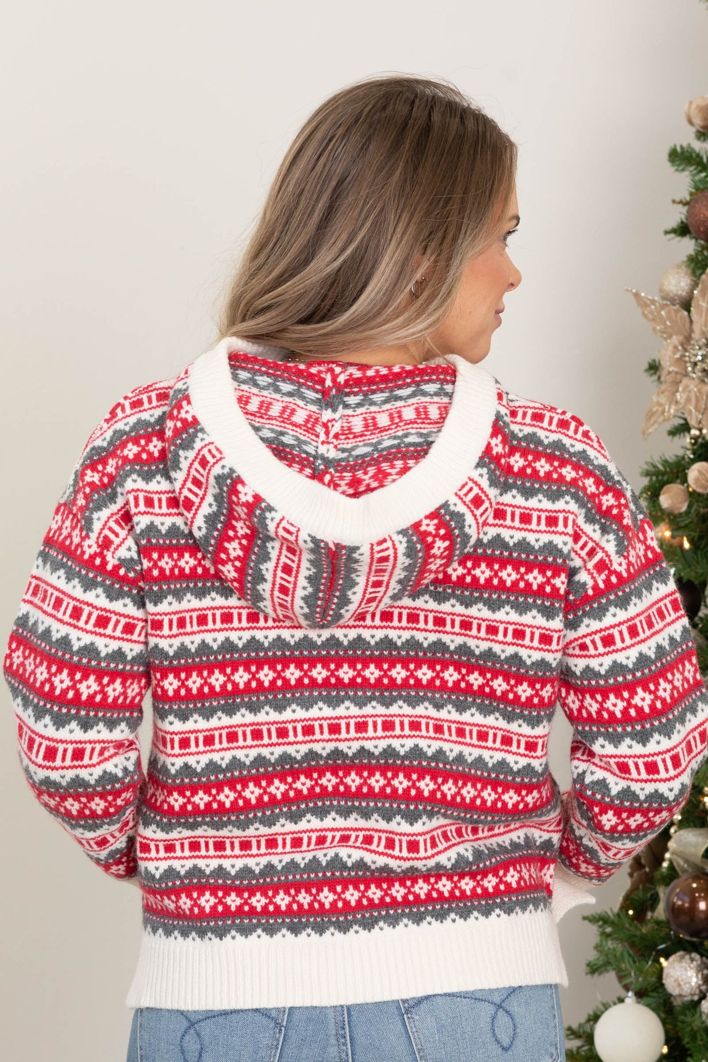 Red and Ivory Fair Isle Hoodie Sweater