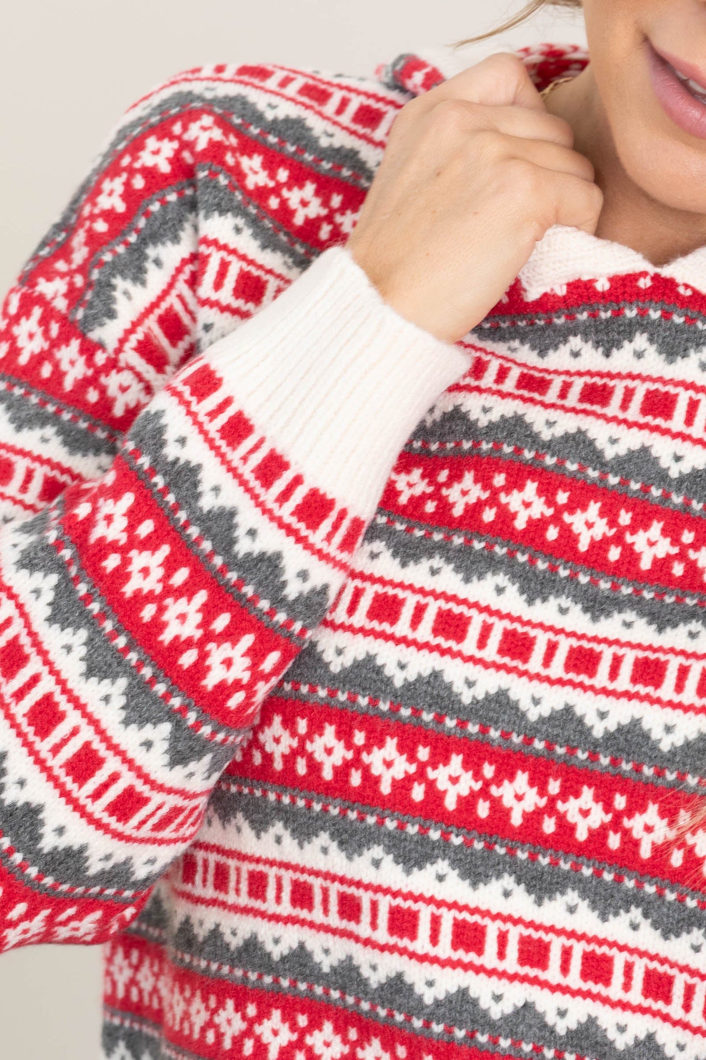 Red and Ivory Fair Isle Hoodie Sweater
