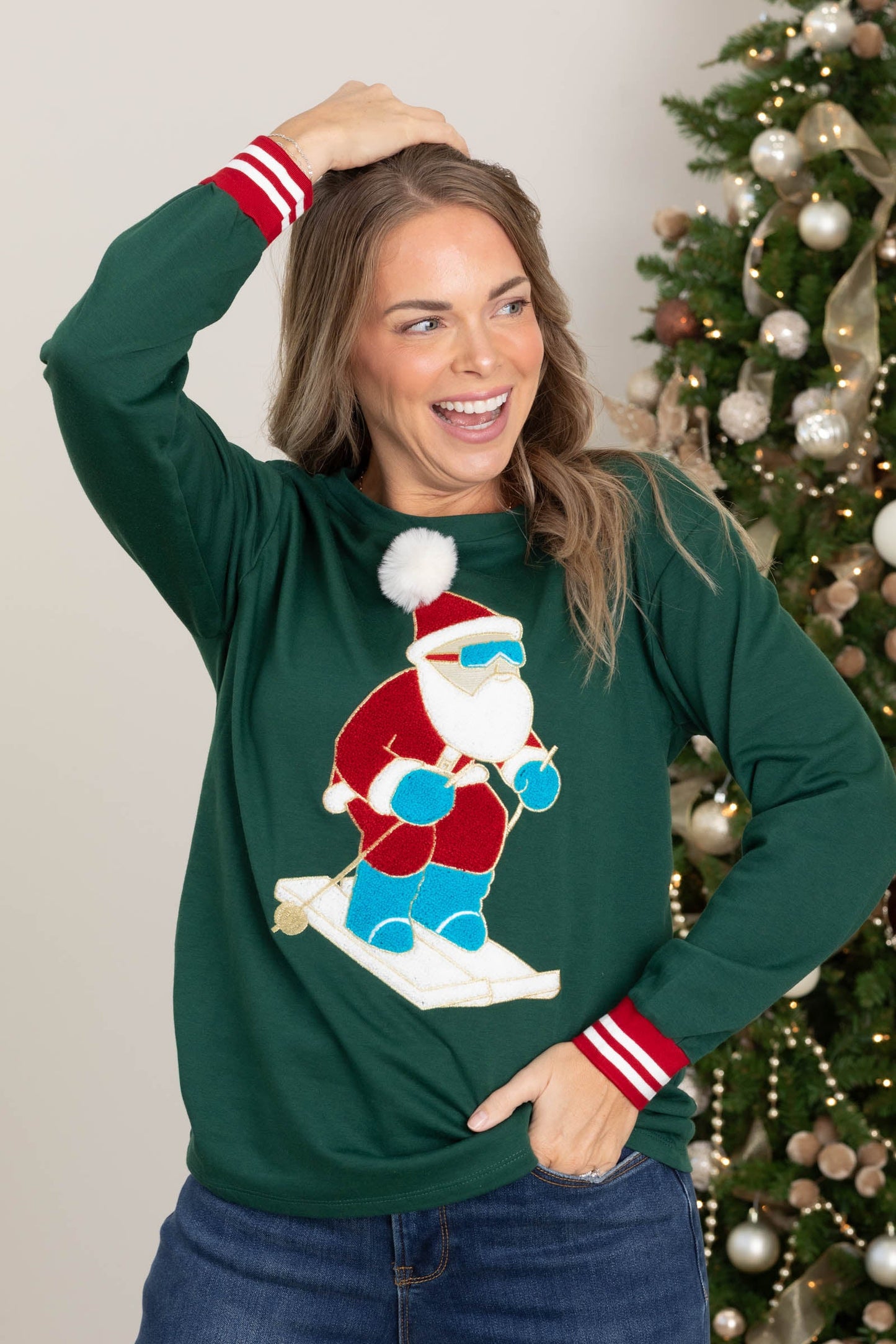 Green Skiing Santa Long Sleeve Knit Top